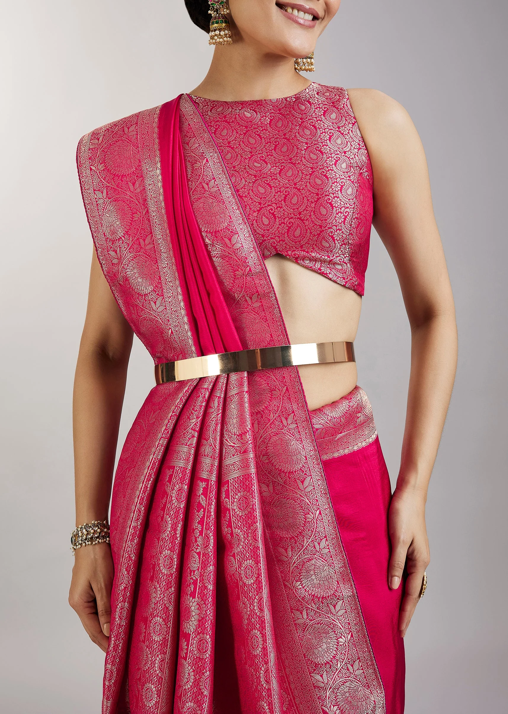 Rani Pink Zari Woven Dola Silks Saree - Image 2