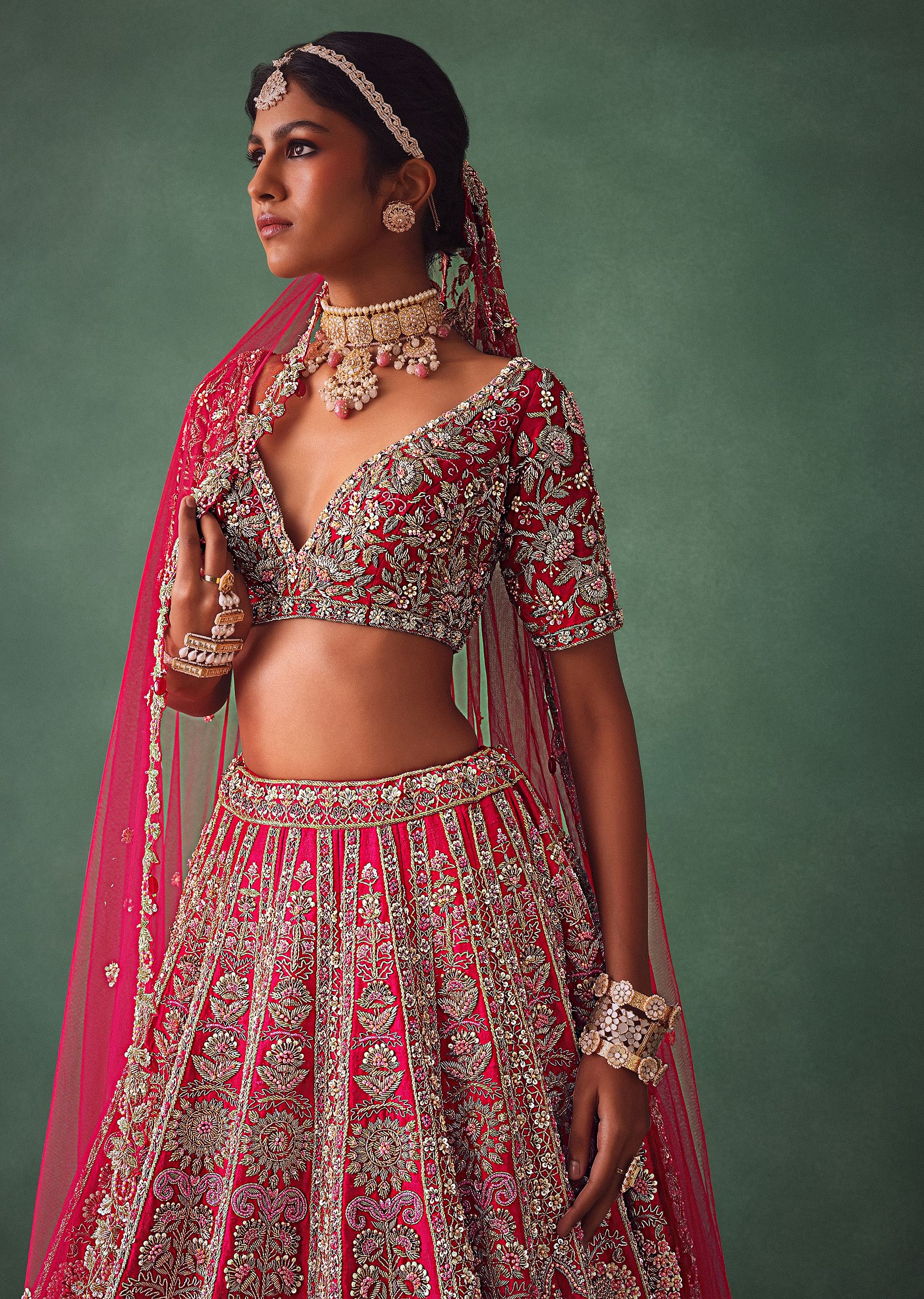 Raw Silk Red Bridal Lehenga With Scallop Dupatta - Image 5