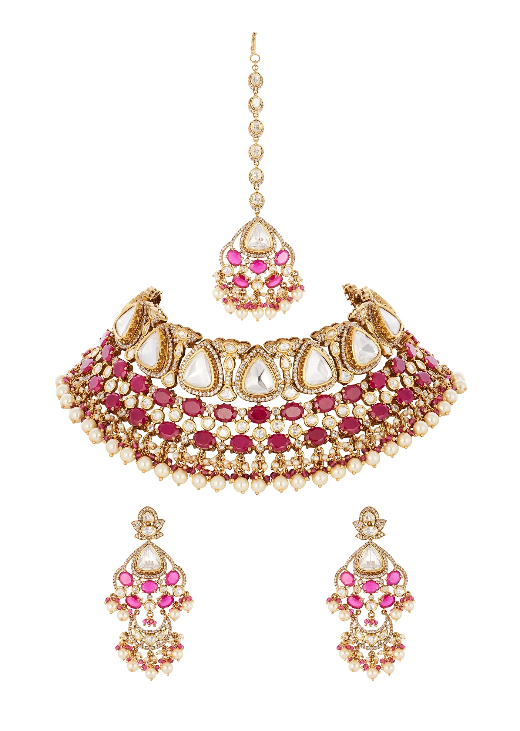 Red and Gold Finish Jewellery Set In Polki With Semi Precious Stones And Drops - Image 2