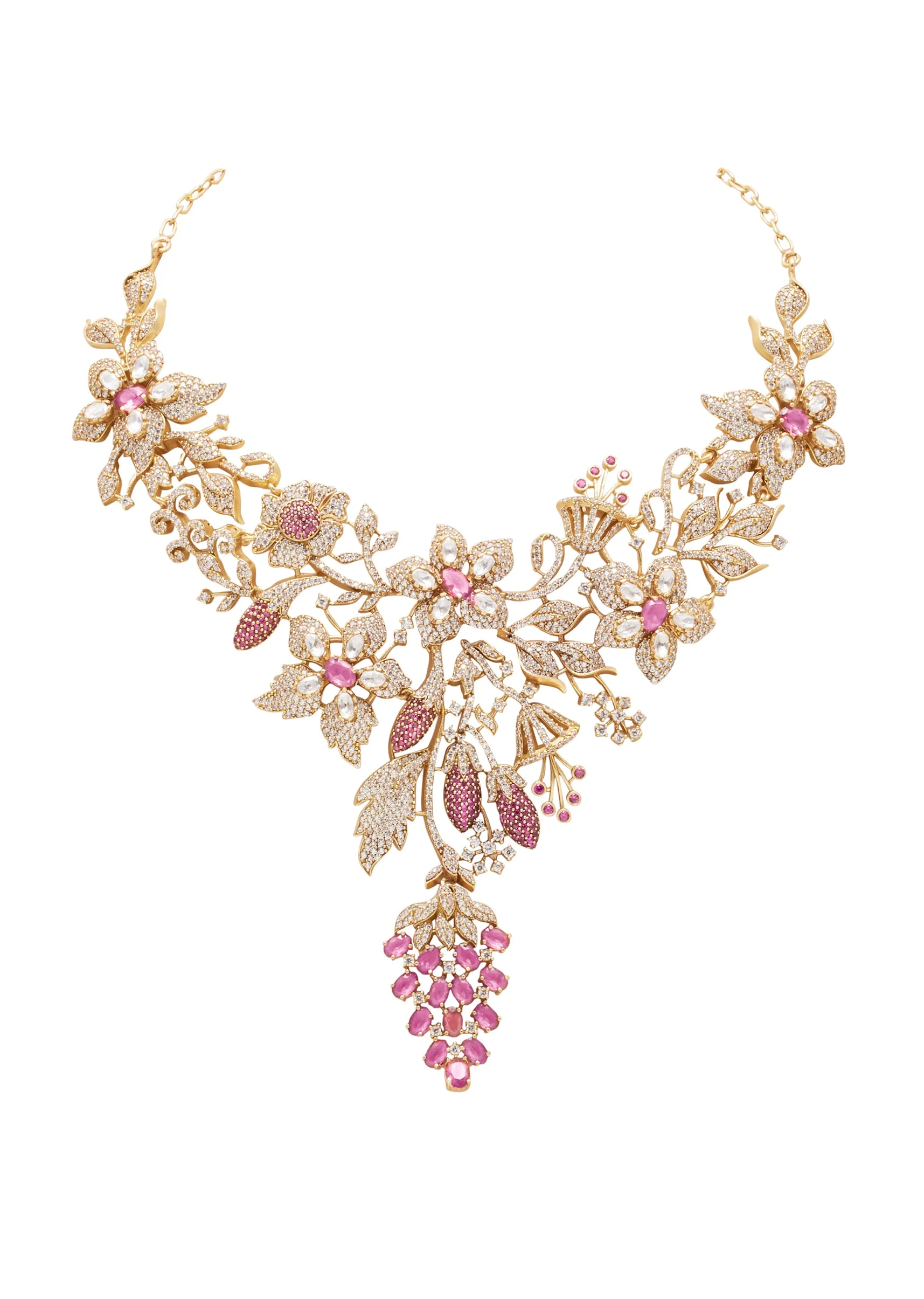 Red And Gold Floral Stone Necklace Set With Maangtikka - Image 3