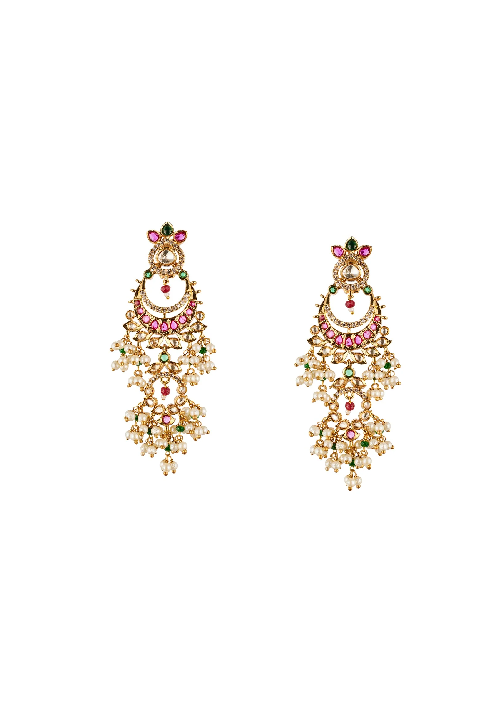 Red and Gold raditional Kundan Polki Chandbali Earrings with Faux Pearls