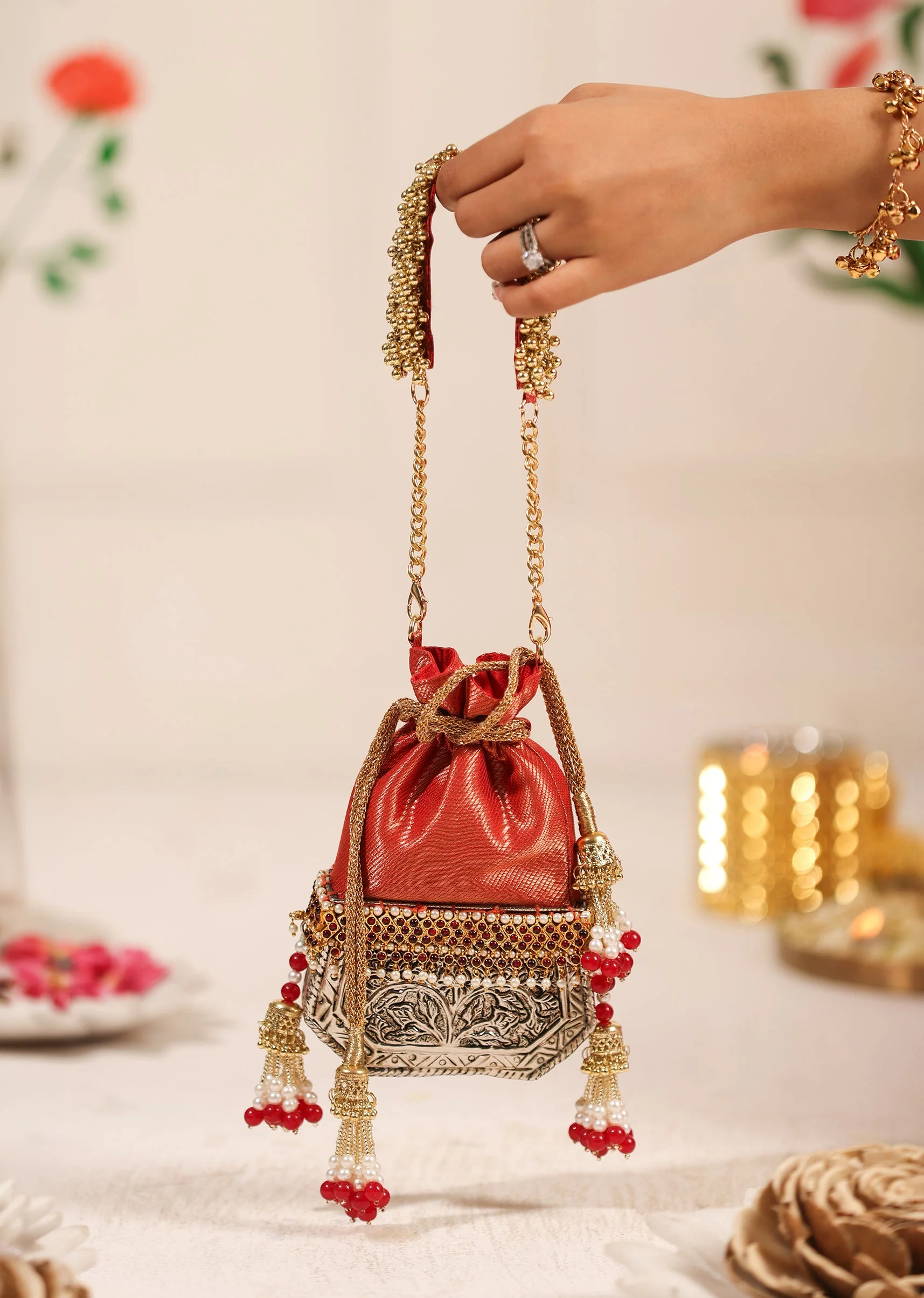 Red And Silver Brocade Potli Bag