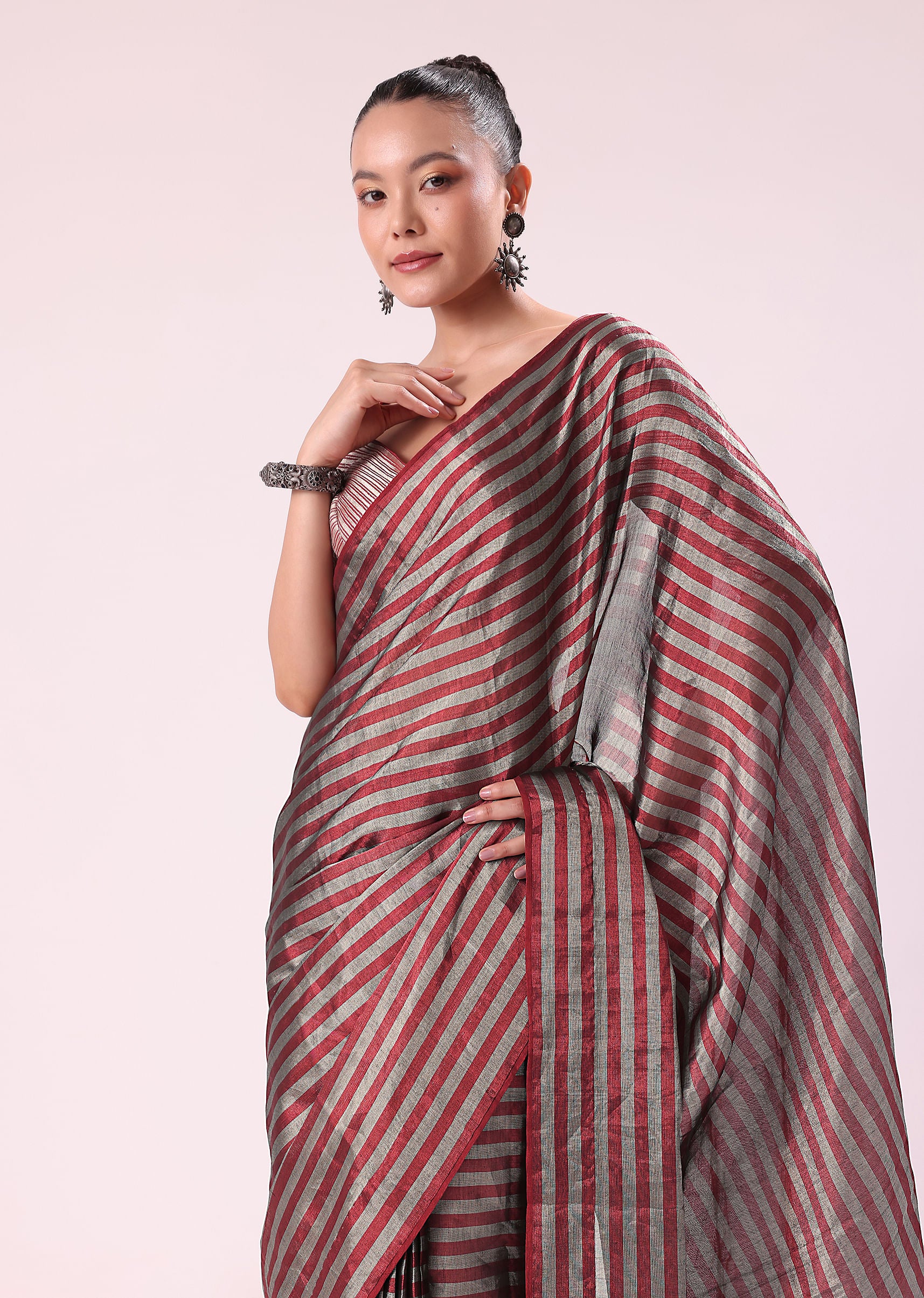 Red And Silver Striped Chanderi Tissue Saree With Pipe Finish Stitched Blouse - Image 4