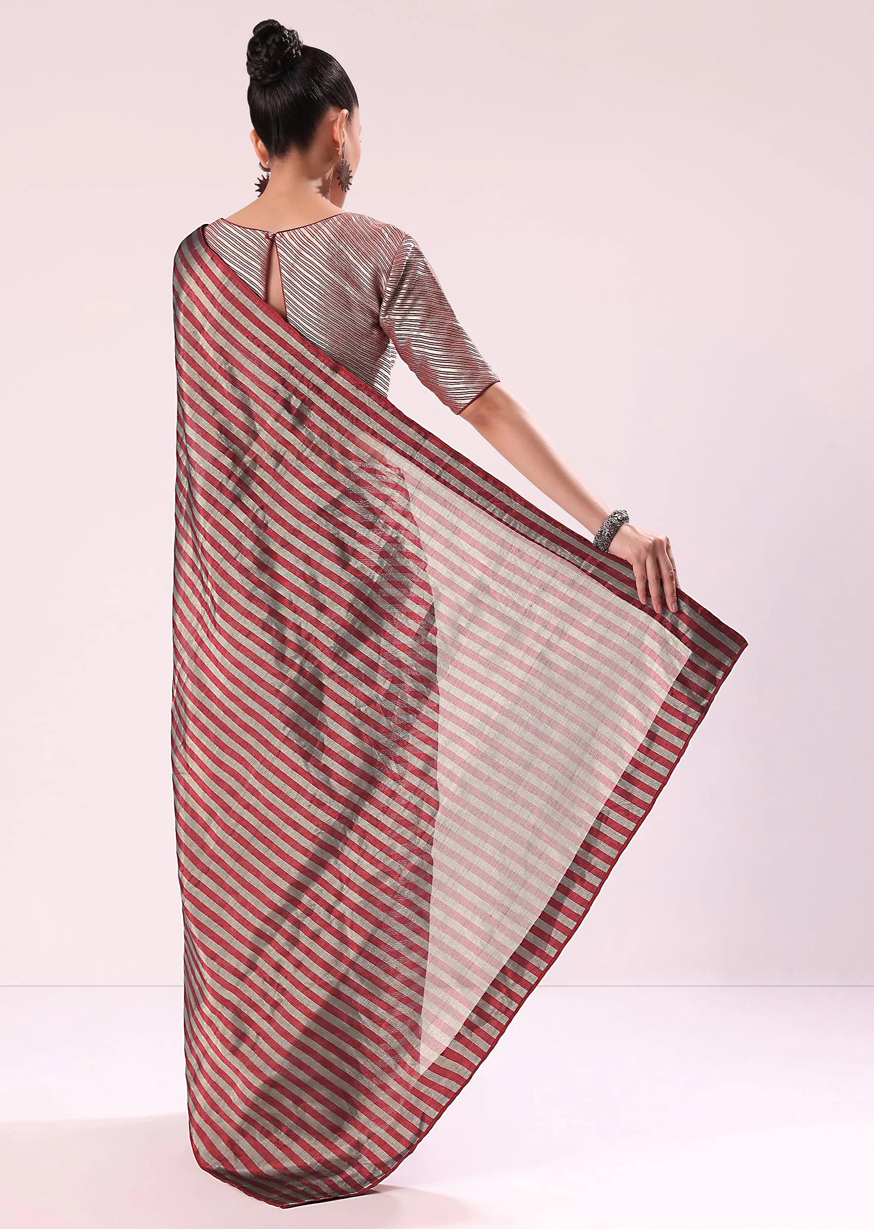 Red And Silver Striped Chanderi Tissue Saree With Pipe Finish Stitched Blouse - Image 5