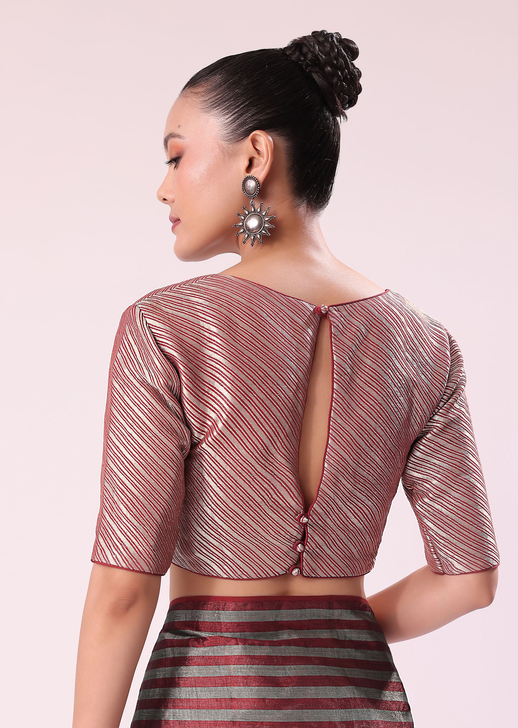 Red And Silver Striped Chanderi Tissue Saree With Pipe Finish Stitched Blouse - Image 7