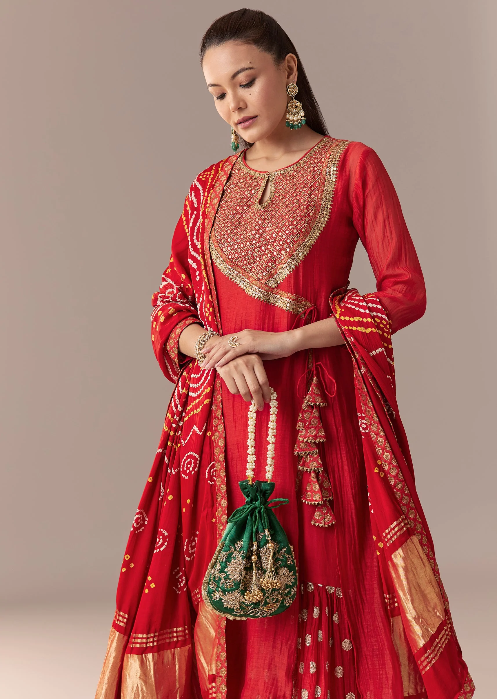 Red Angrakha Kurta Set With Bandhani Dupatta - Image 4