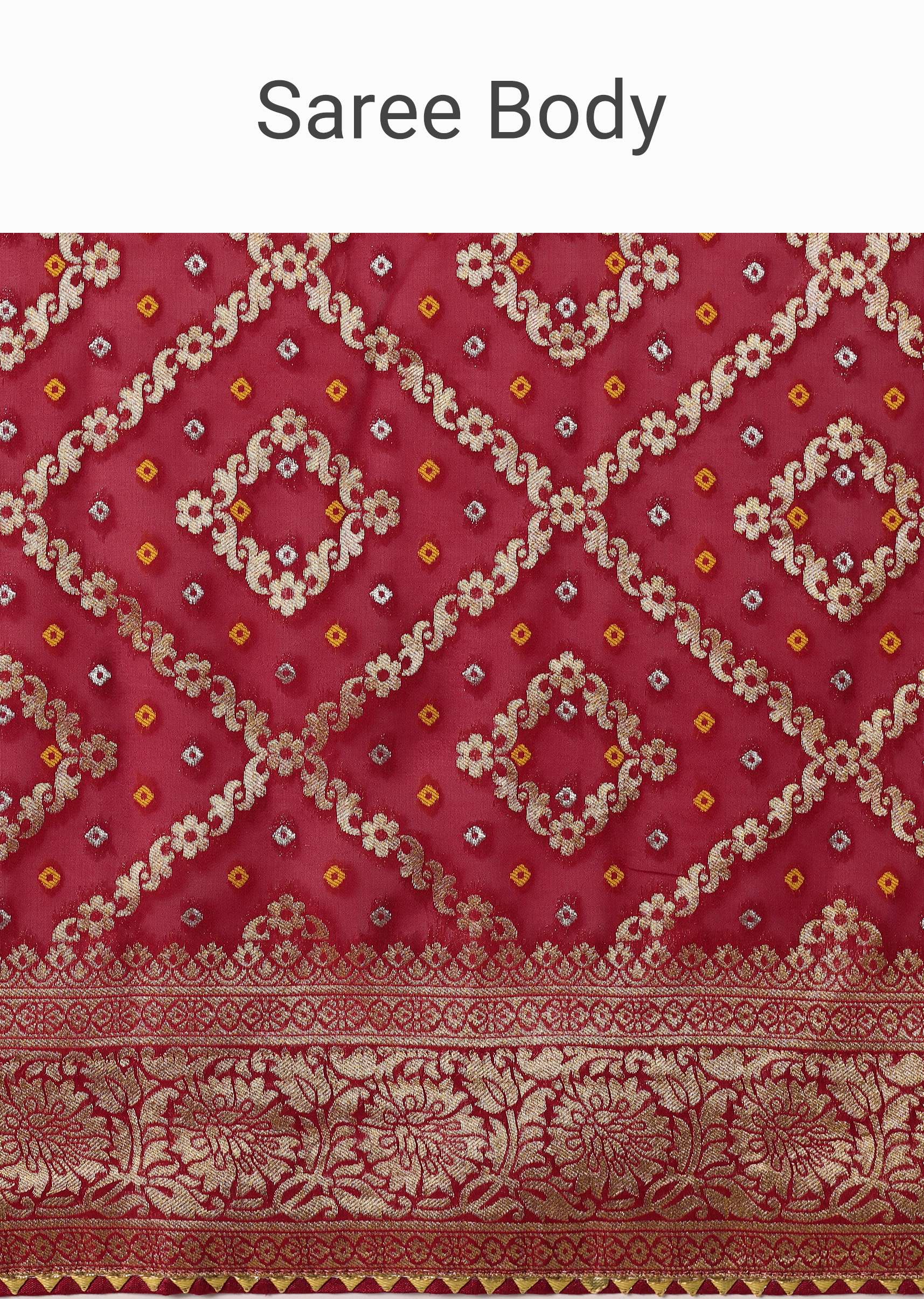 Red Banarasi Georgette Saree With Bandhani Weave And Unstitched Blouse Piece - Image 9