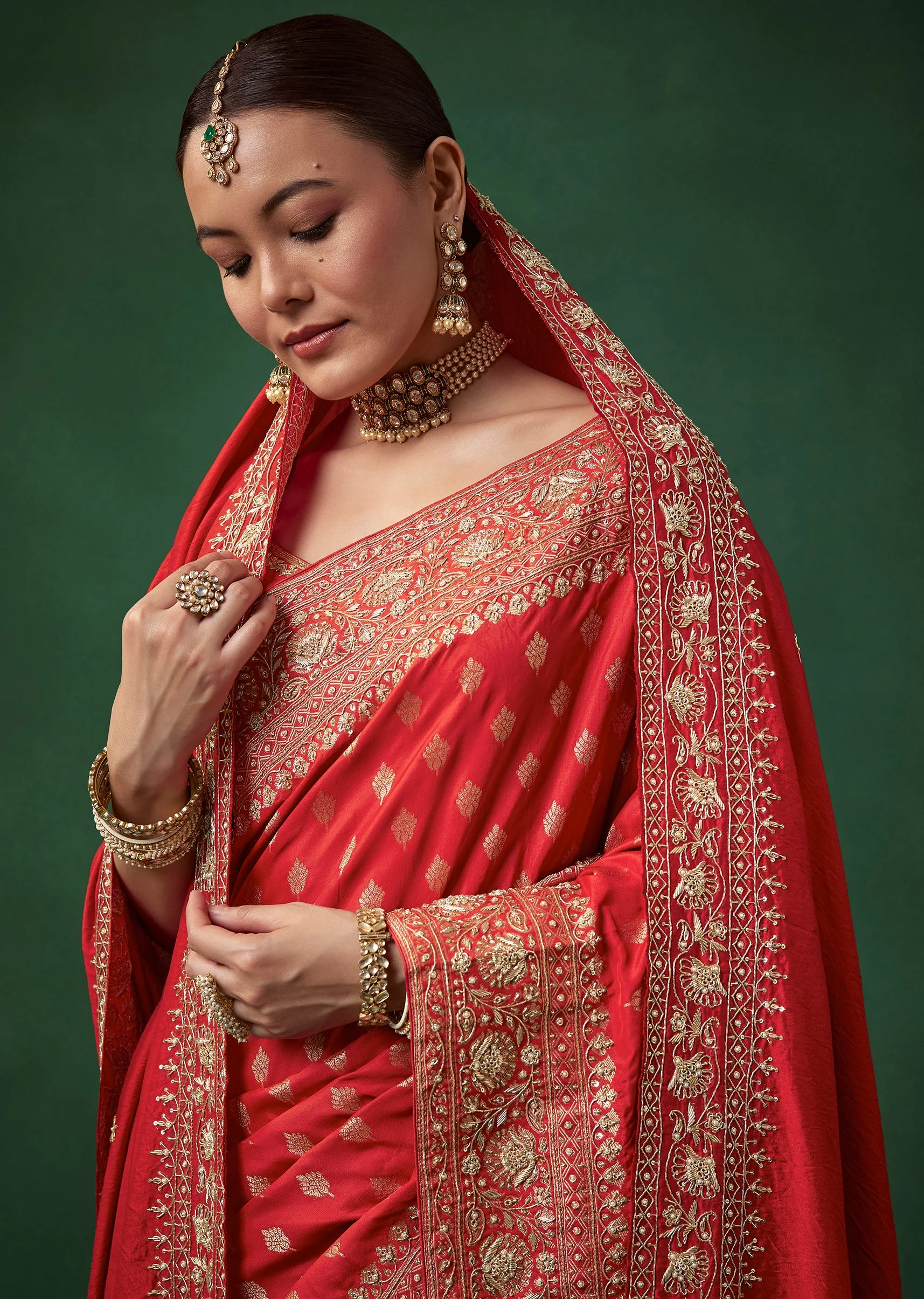 Red Banarasi Silk Brocade Weave Saree with Unstitched Blouse - Image 2