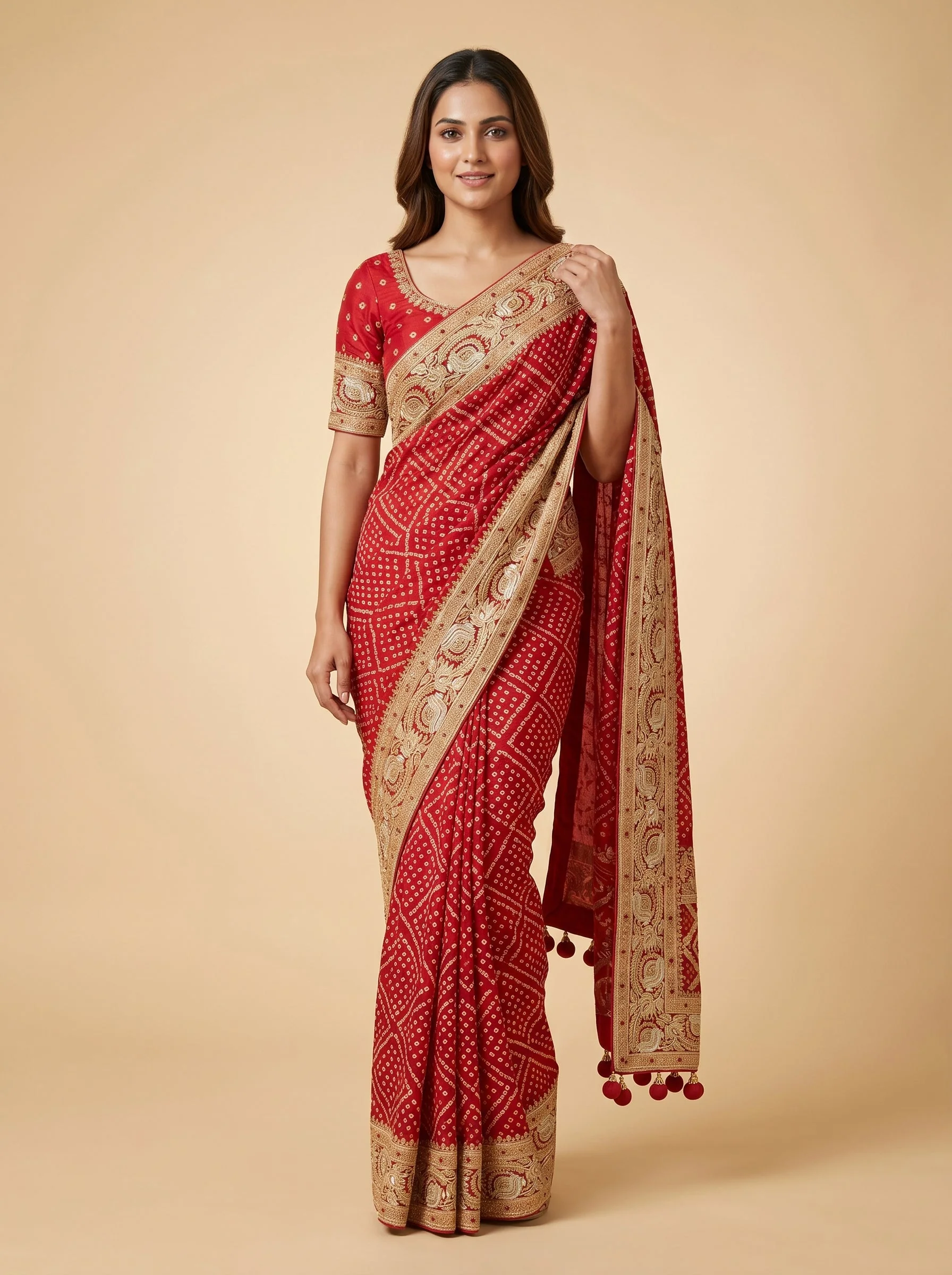 Red Bandhani Burst Saree
