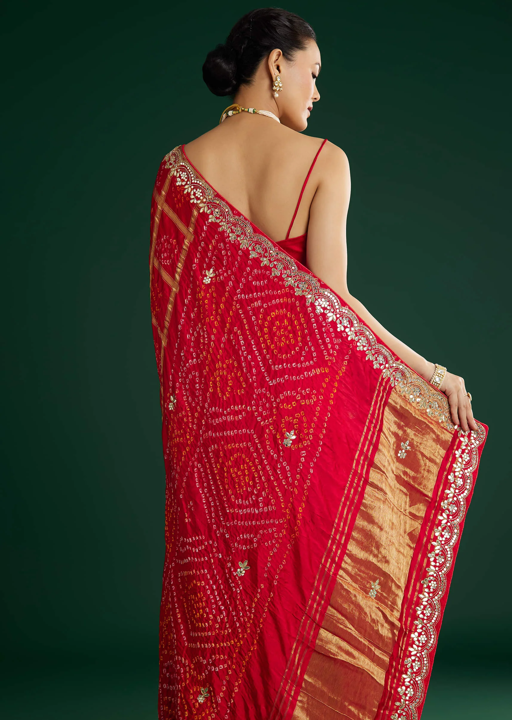 Red Bandhani Saree With Gota Work - Image 4