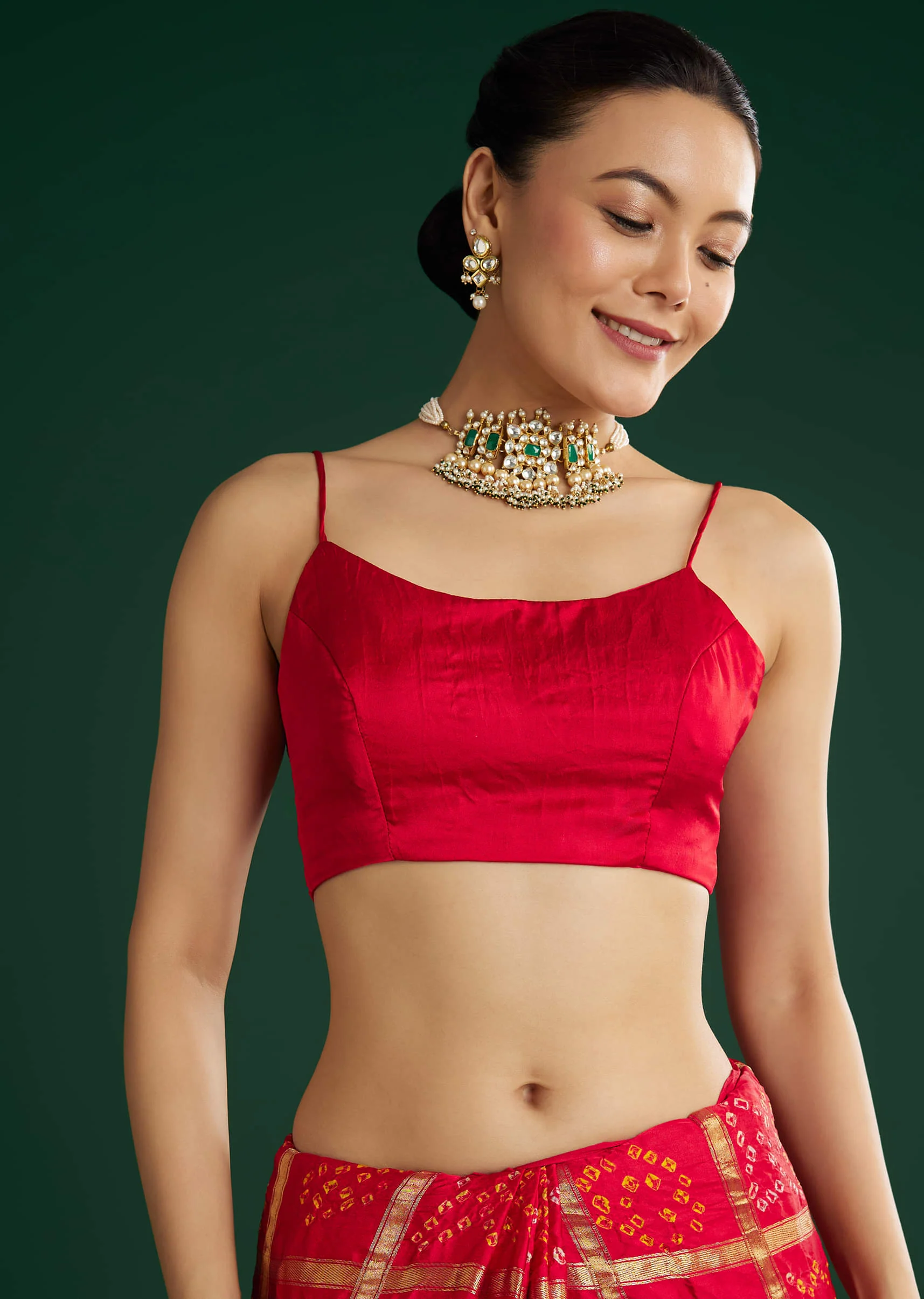 Red Bandhani Saree With Gota Work - Image 7