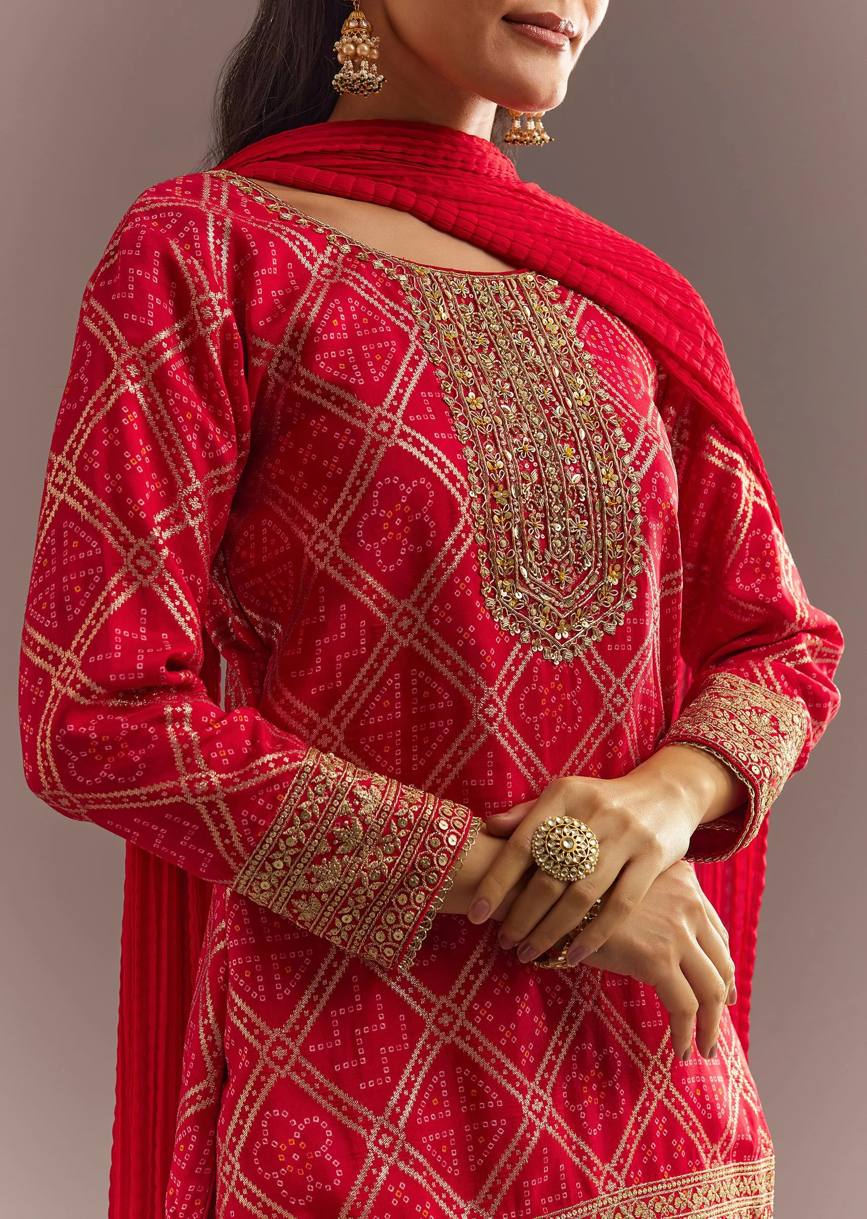 Red Bandhani Zari Kurta And Jacquard Sharara With Chiffon Dupatta - Image 4
