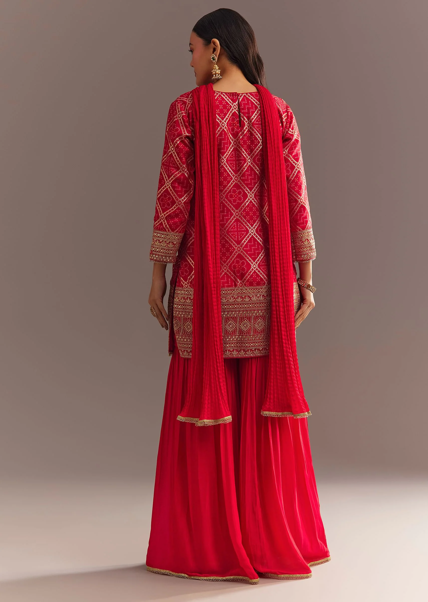 Red Bandhani Zari Kurta And Jacquard Sharara With Chiffon Dupatta - Image 5