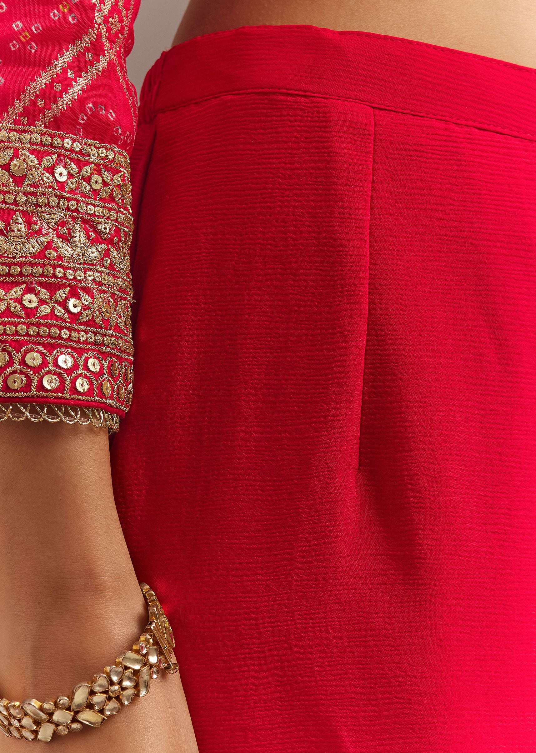 Red Bandhani Zari Kurta And Jacquard Sharara With Chiffon Dupatta - Image 6