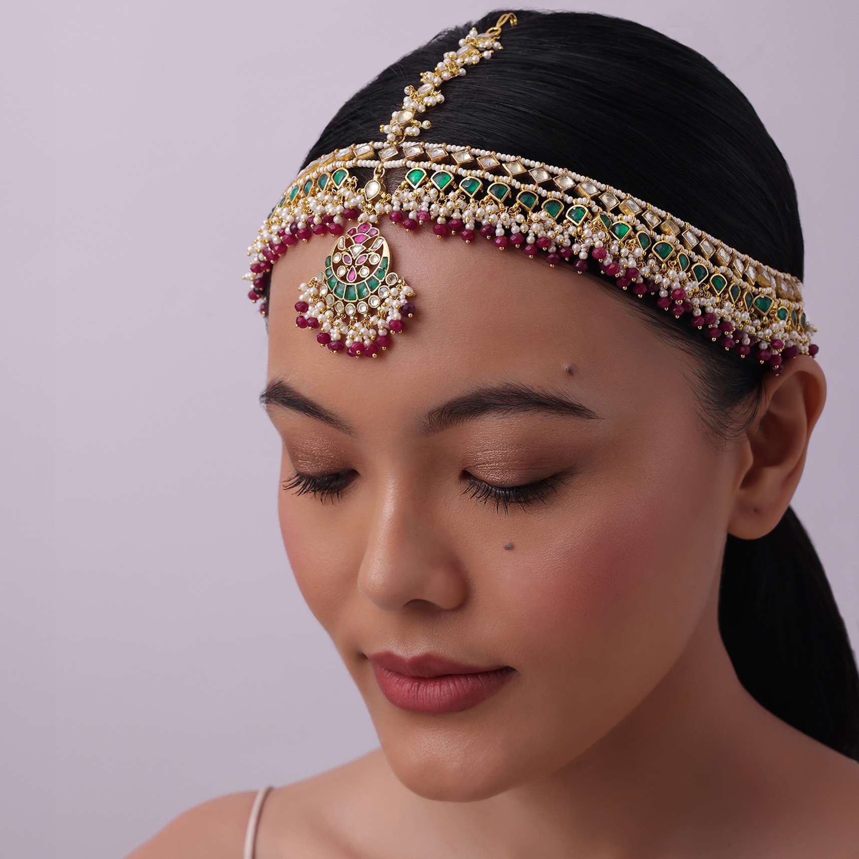 Red Beaded Sheeshphool In Gold Finish Mix Metal