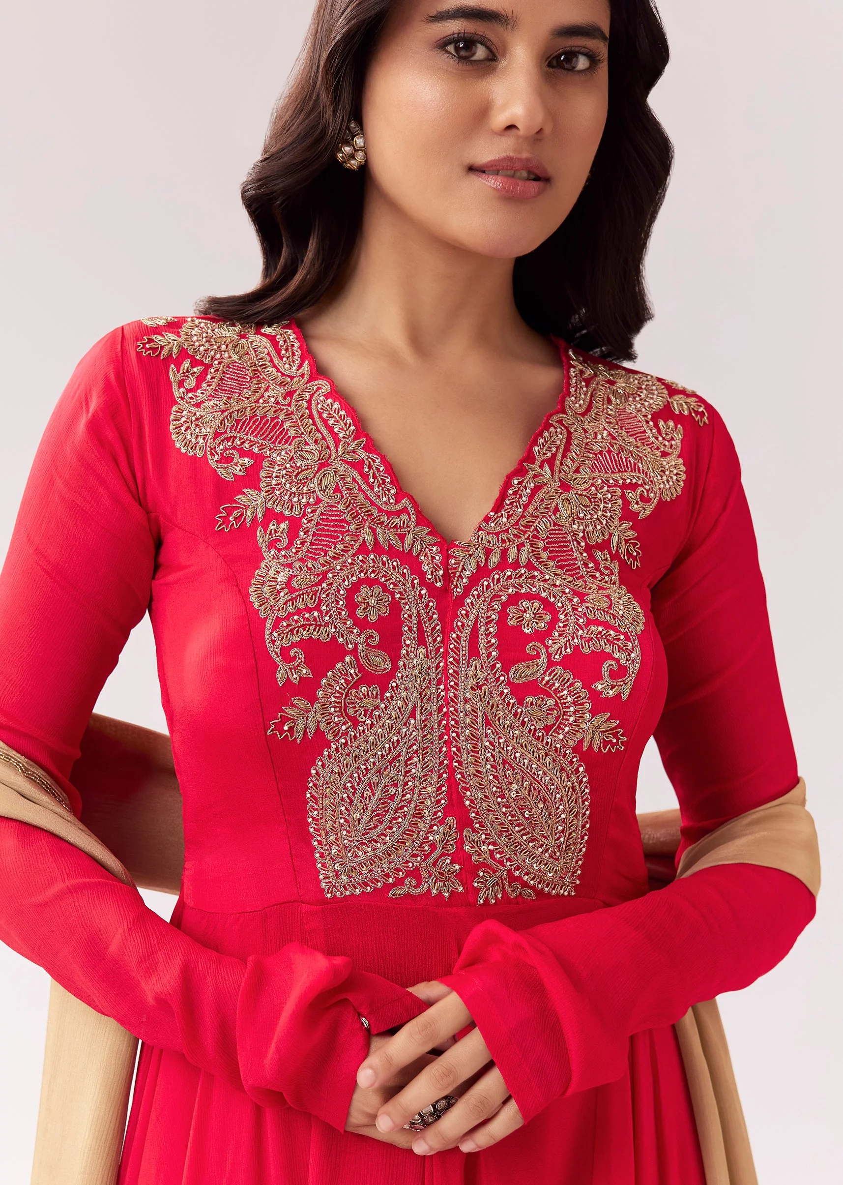 Red Beige Zardozi Anarkali - Image 2
