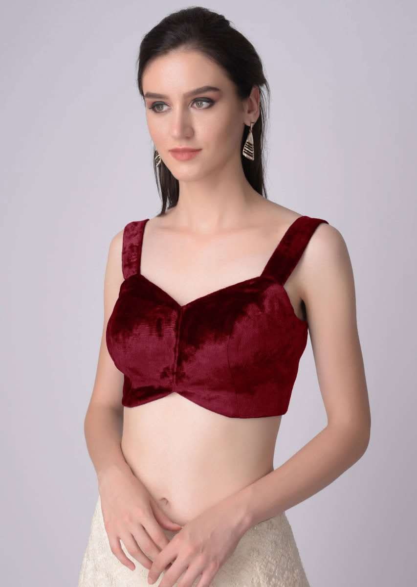 Red Blouse In Velvet With Sweetheart Neckline And Curved Hem - Image 2