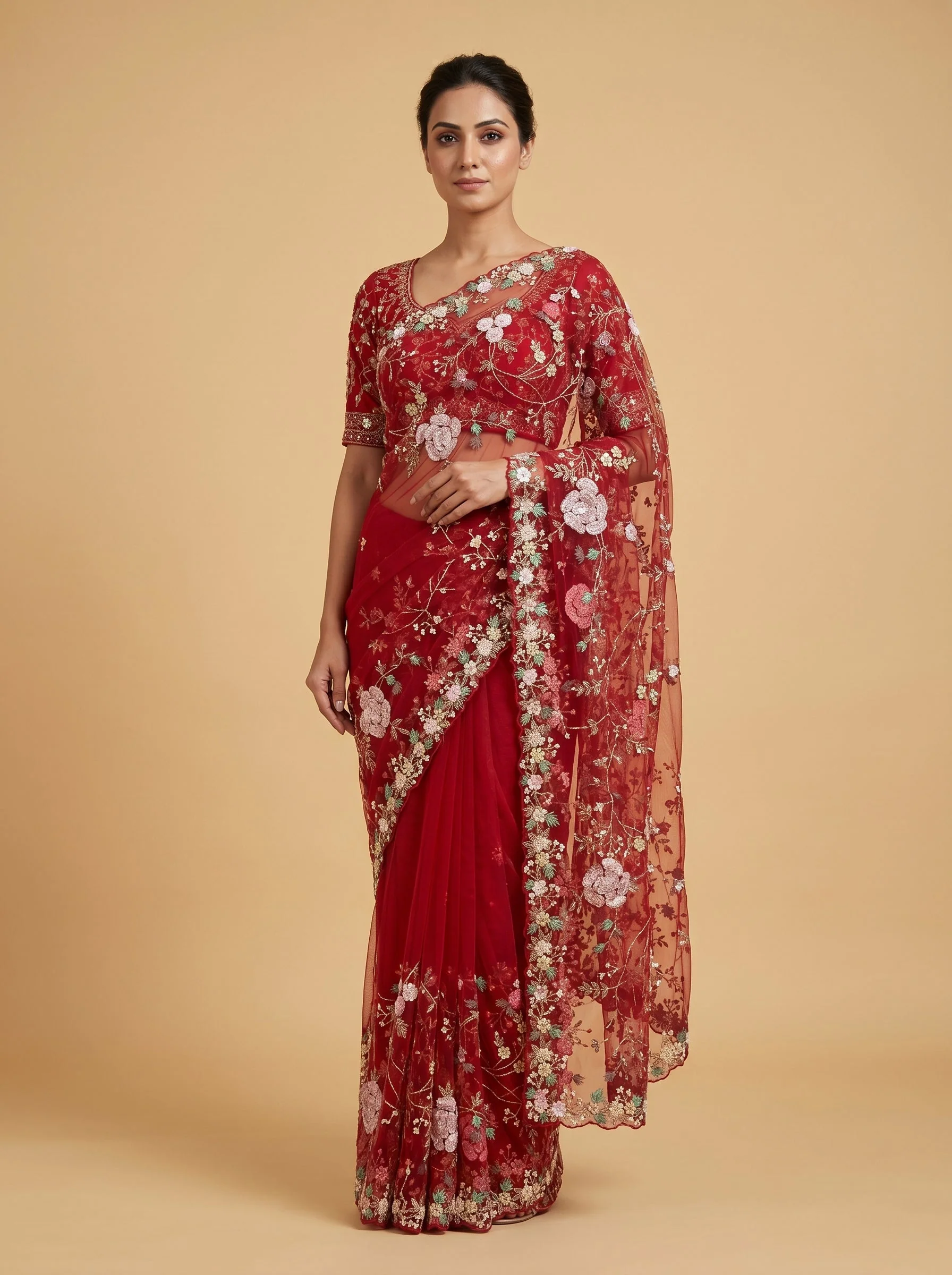Red Bold Embroidered Saree
