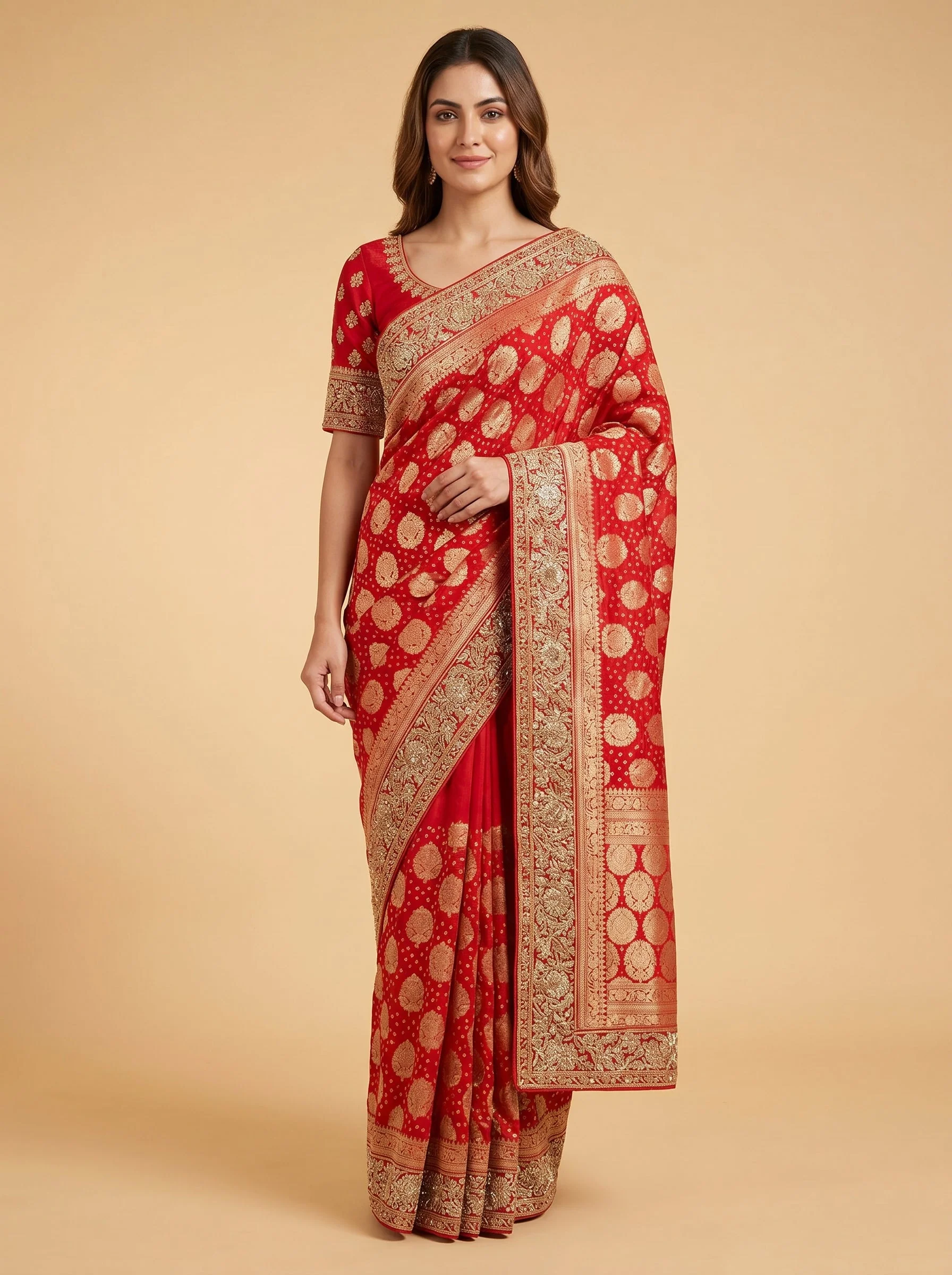 Red Bold Pattern Bandhani Saree