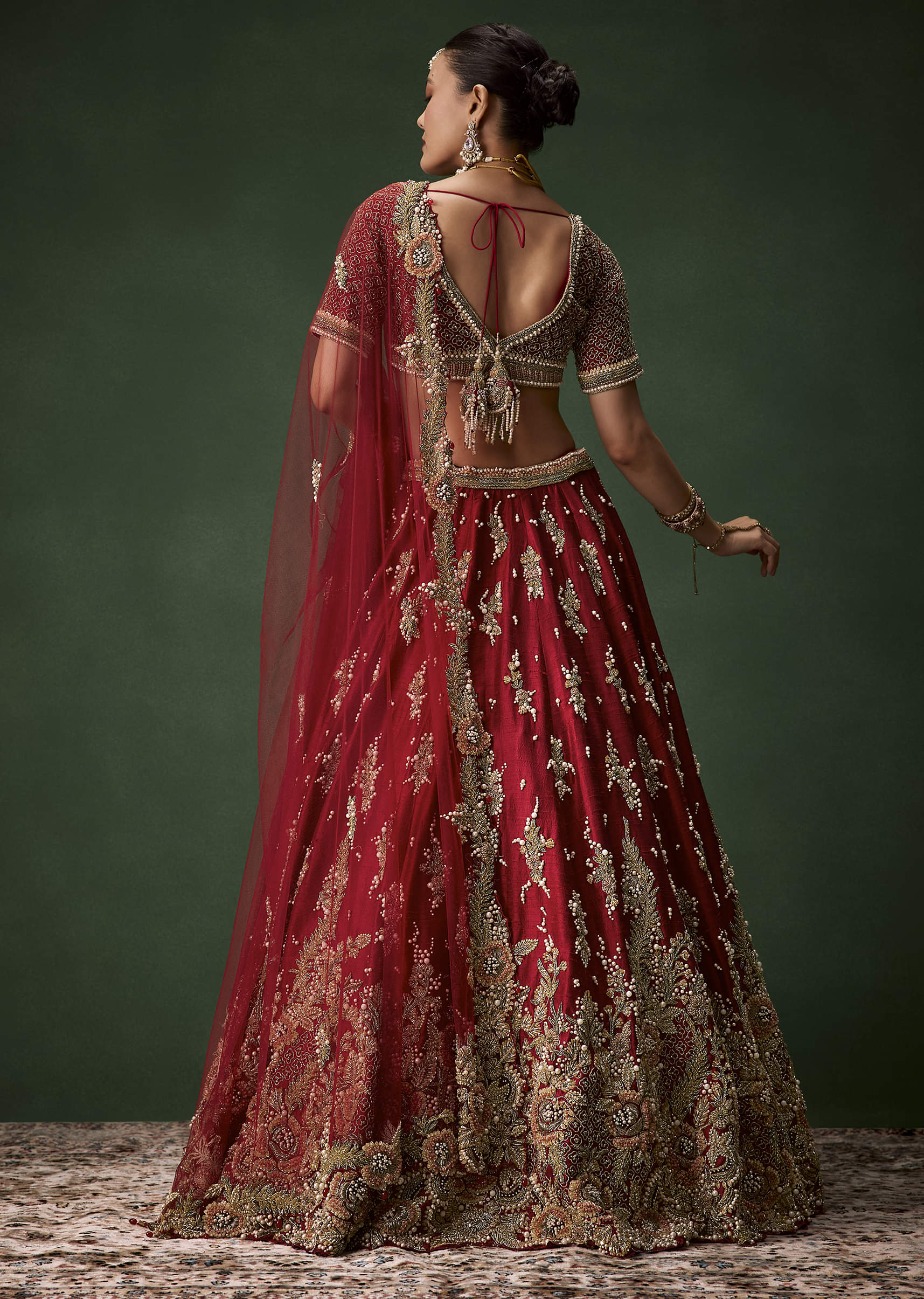 Red Bridal Sequin Silk Lehenga Set with Two Dupattas - Image 2