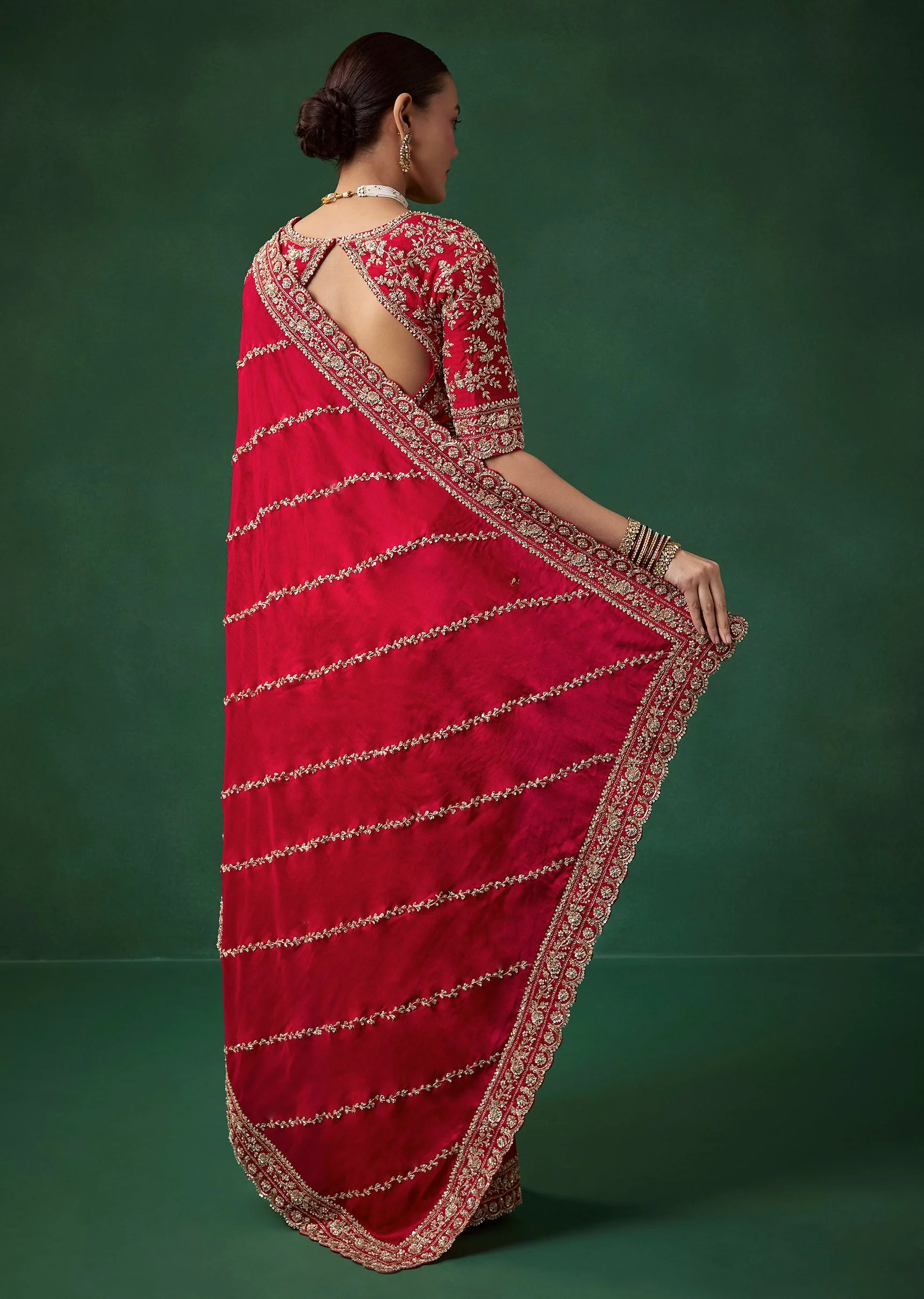 Red Bridal Silk Embroidered Saree with Unstitched Blouse - Image 4