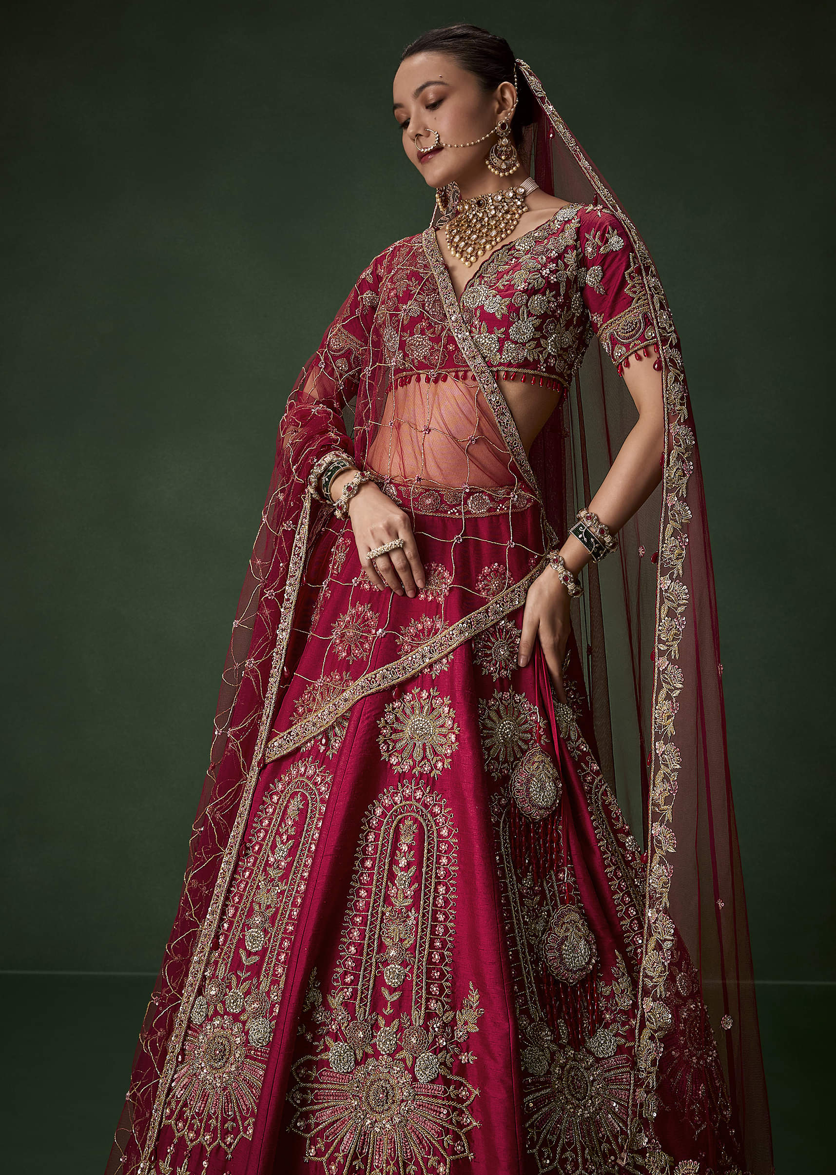 Red Bridal Silk Lehenga Set with Dupattas - Image 5