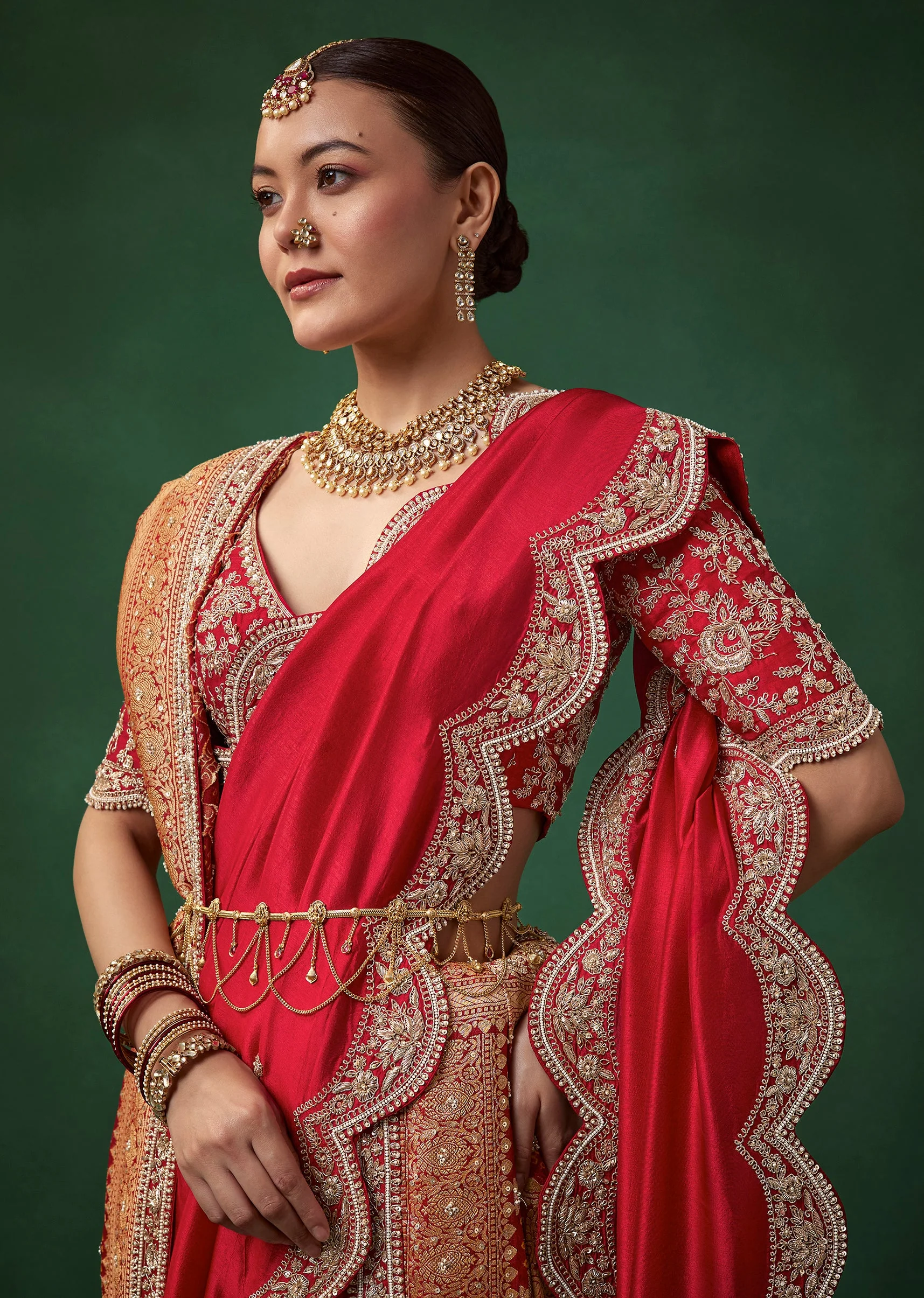 Red Bridal Silk Zardozi Saree with Unstitched Blouse - Image 2