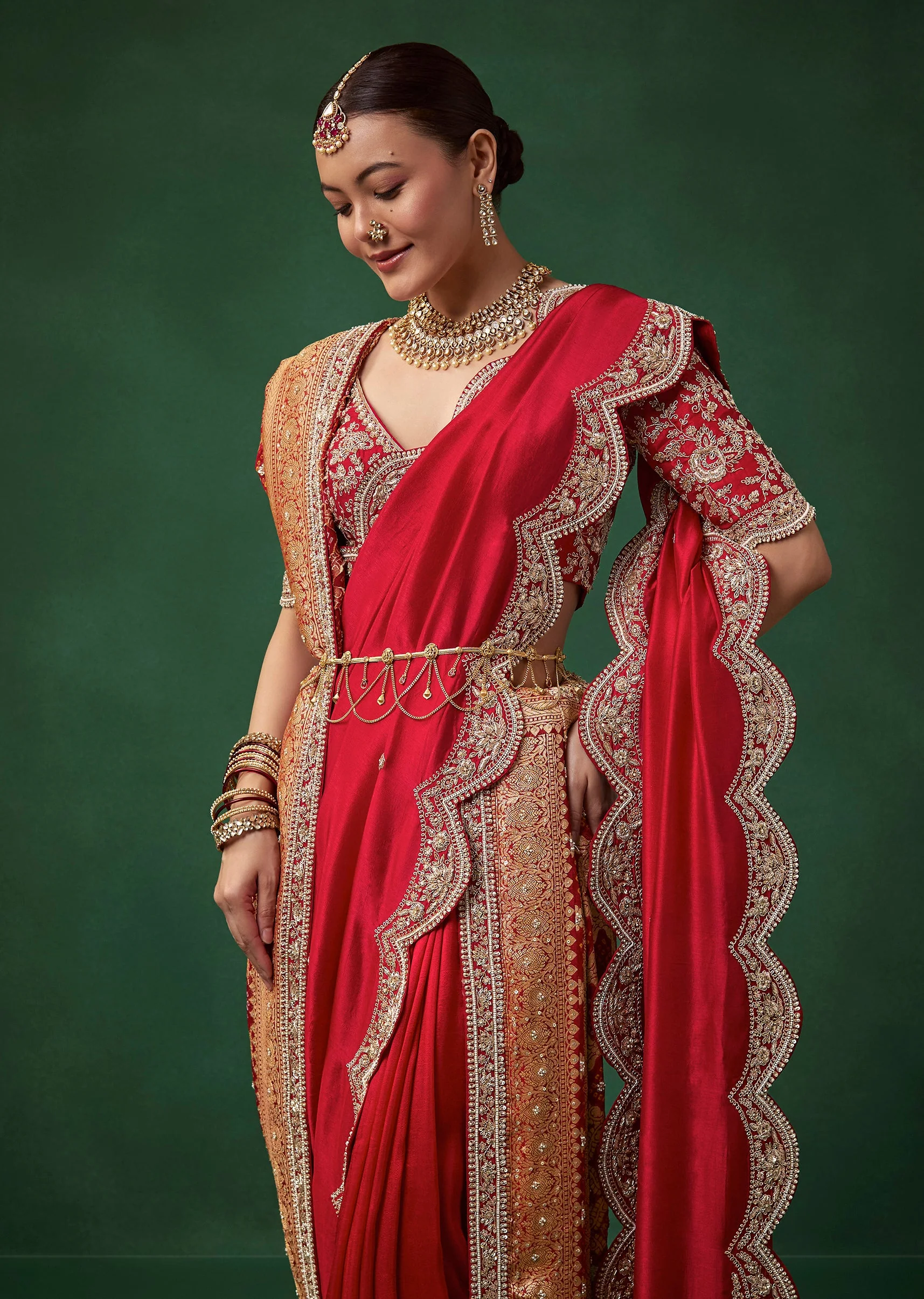 Red Bridal Silk Zardozi Saree with Unstitched Blouse - Image 4