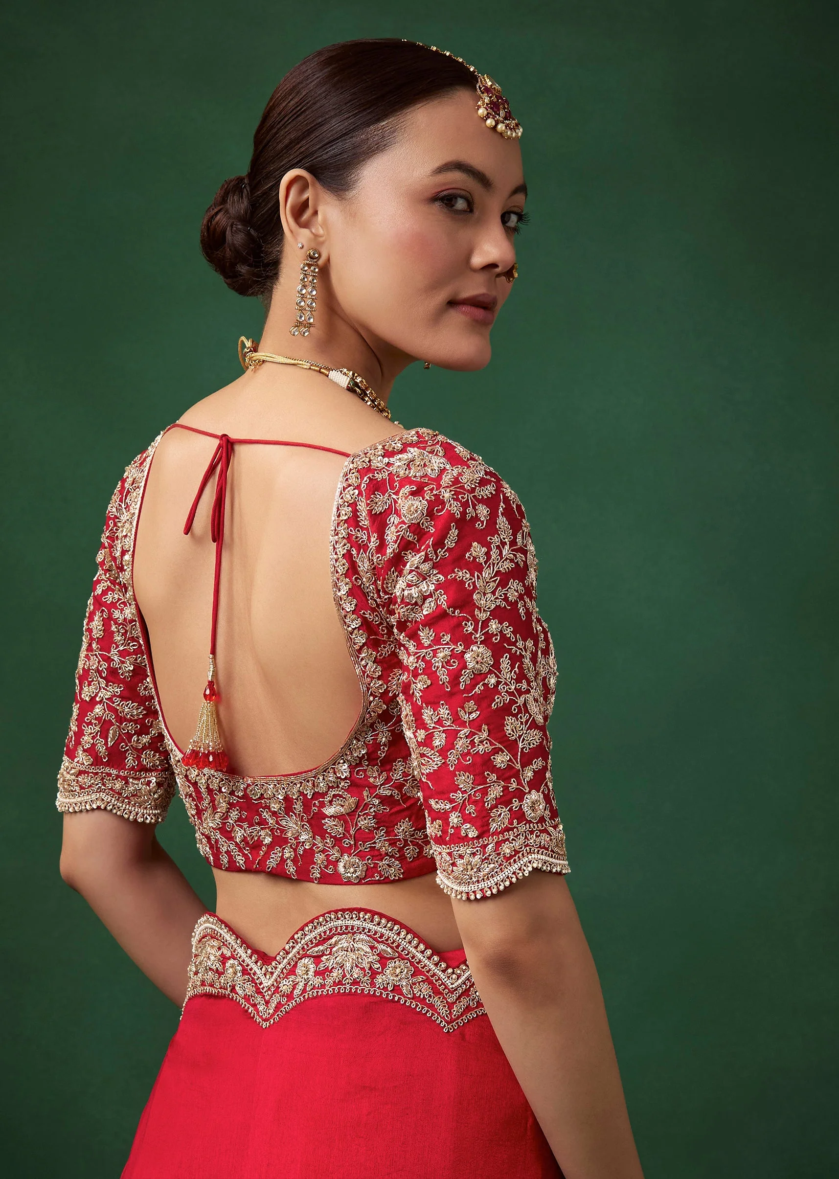 Red Bridal Silk Zardozi Saree with Unstitched Blouse - Image 8