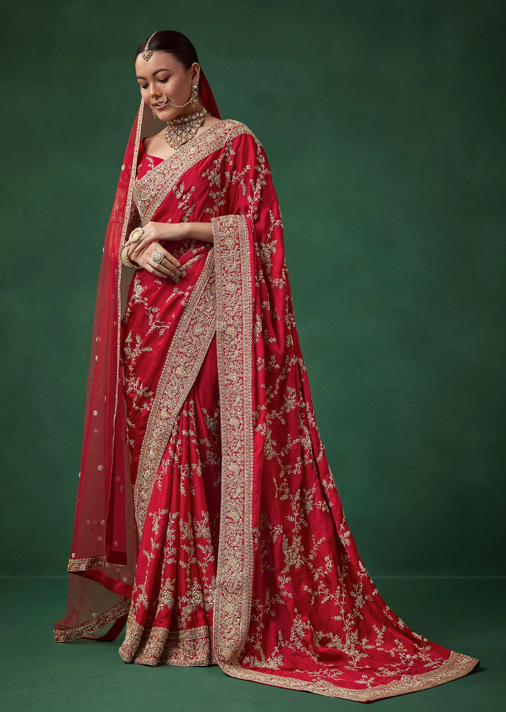 Red Bridal Soft Silk Embroidered Saree with Unstitched Blouse