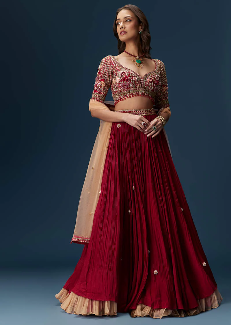 Red Bridesmaid Lehenga With Half Sleeve Embroidered Blouse And Dupatta - Image 2