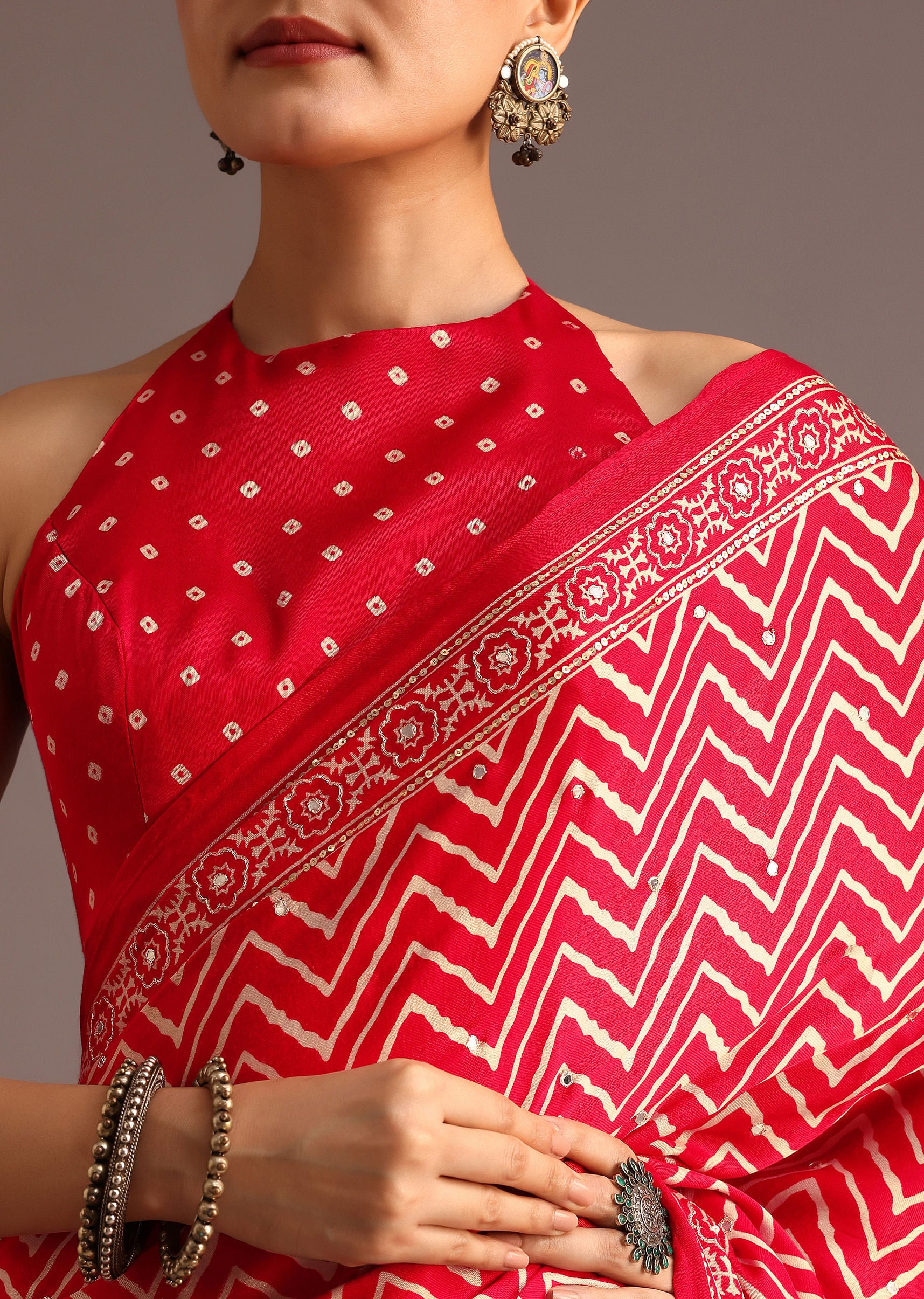 Red Chevron Printed Satin Saree - Image 2