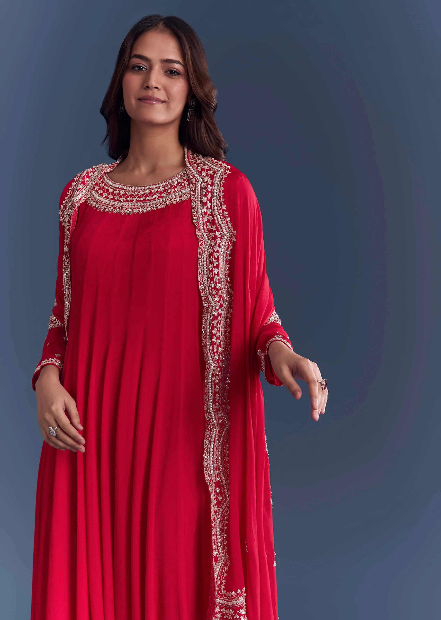 Red Chinon Anarkali Suit With Cutdana And Sequins Embroidery - Image 4