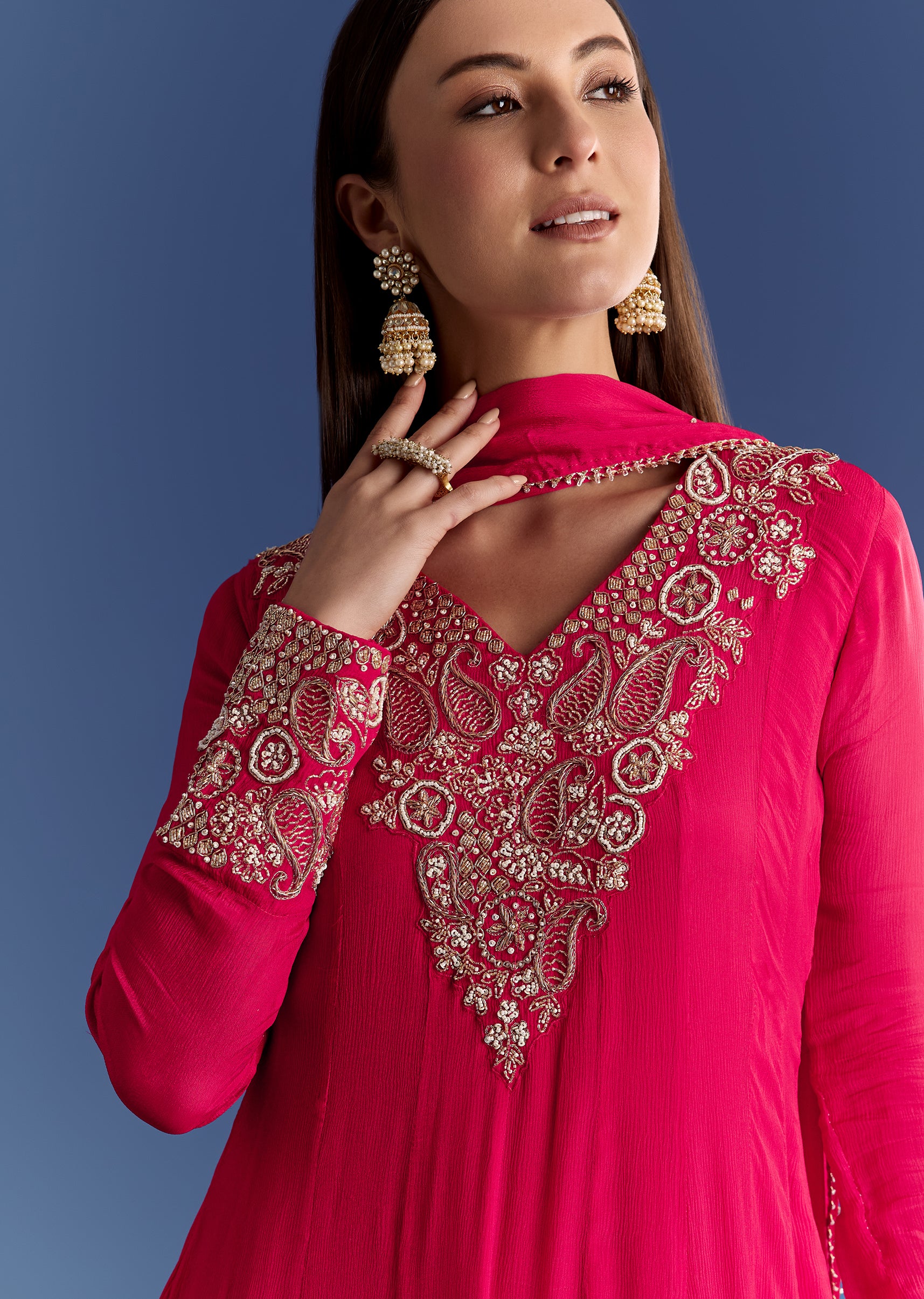 Red Chinon Anarkali With Moti And Gotta Lace Dupatta - Image 3