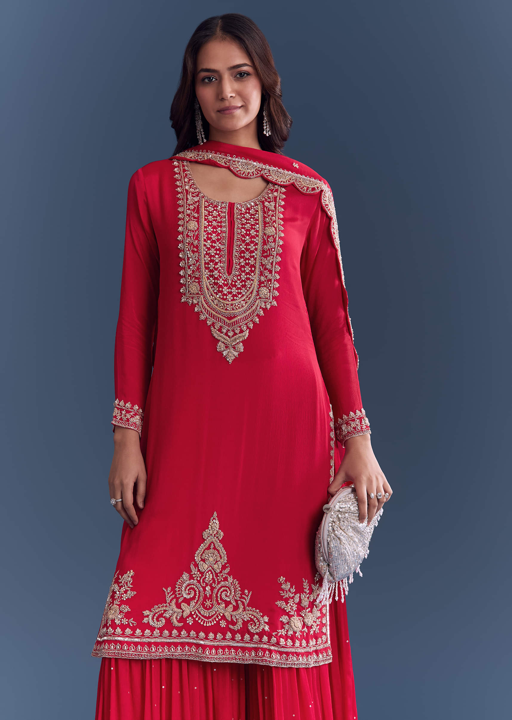 Red Chinon Sharara Suit With Cutdana And Sequins Embroidery - Image 4