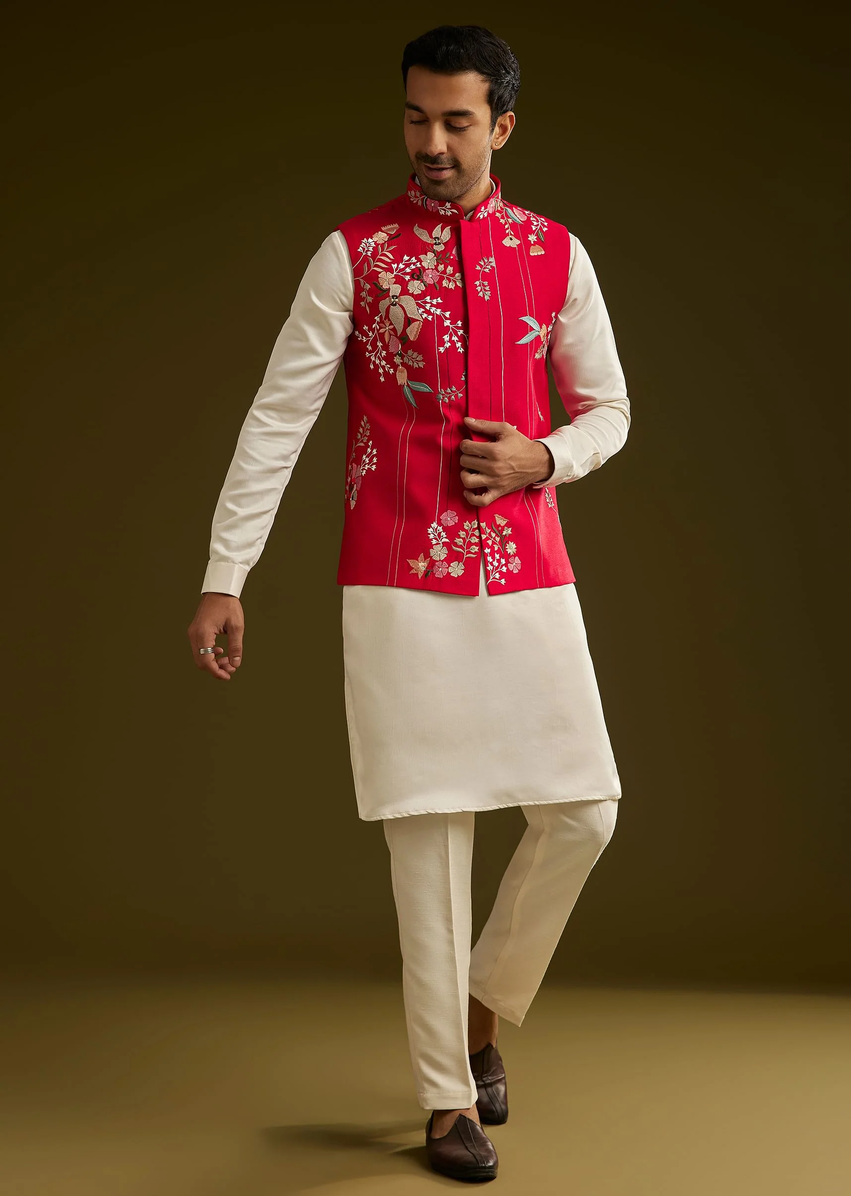Red Cotton Silk Kurta Set With Nature Motif Jacket - Image 2