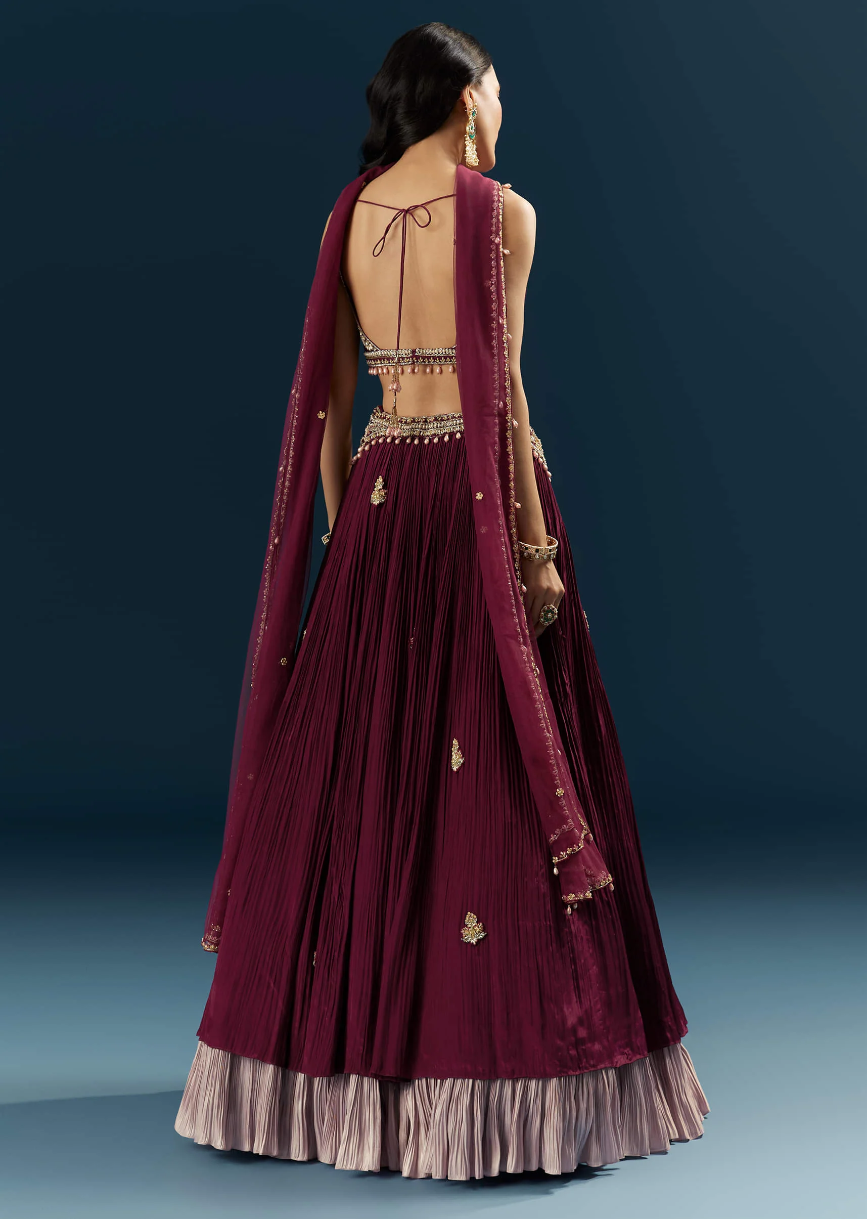 Red Crepe Bridesmaid Lehenga With Sequins And Moti Embroidery - Image 2