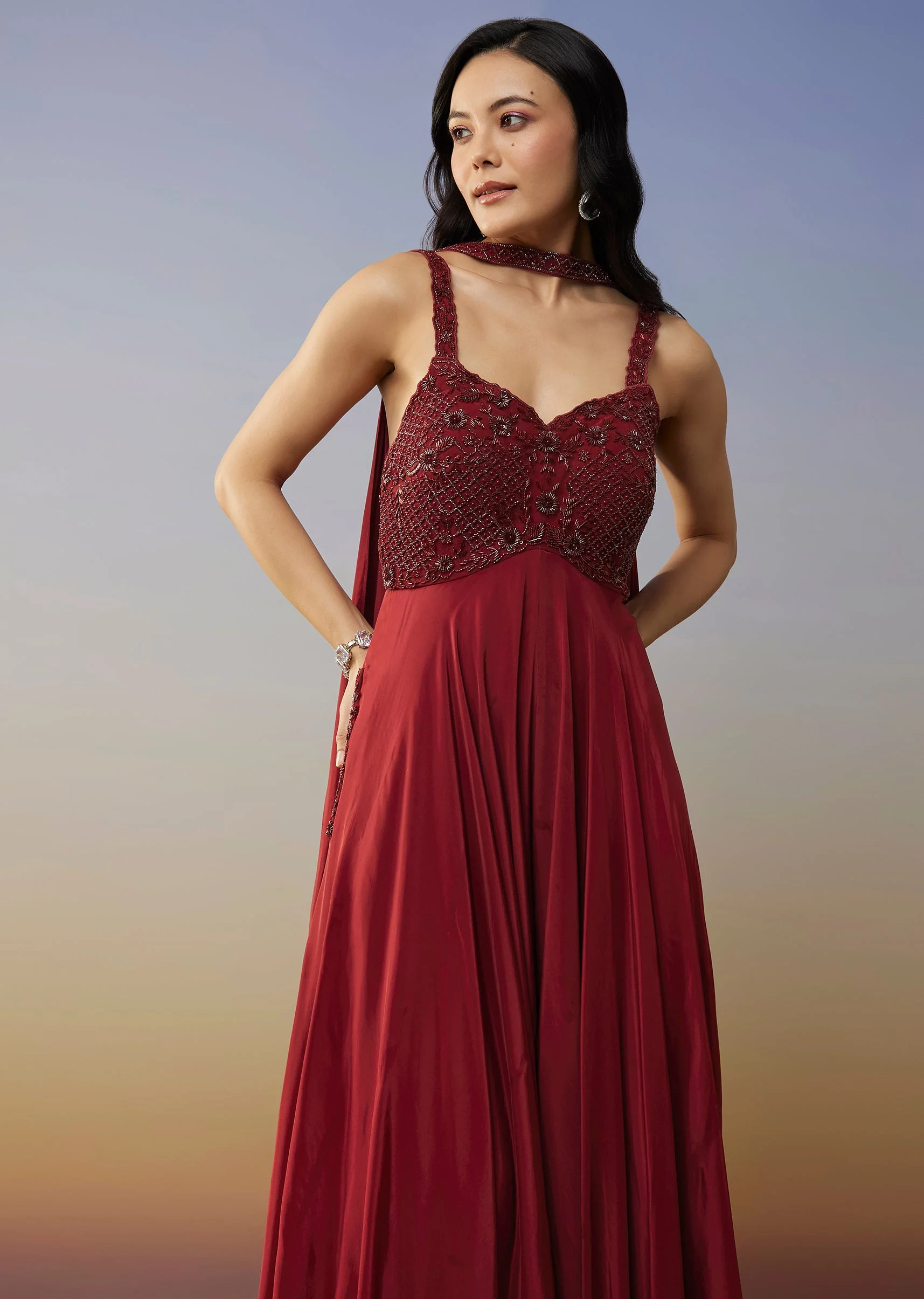 Red Crepe Jumpsuit with Cut Dana Work - Image 4