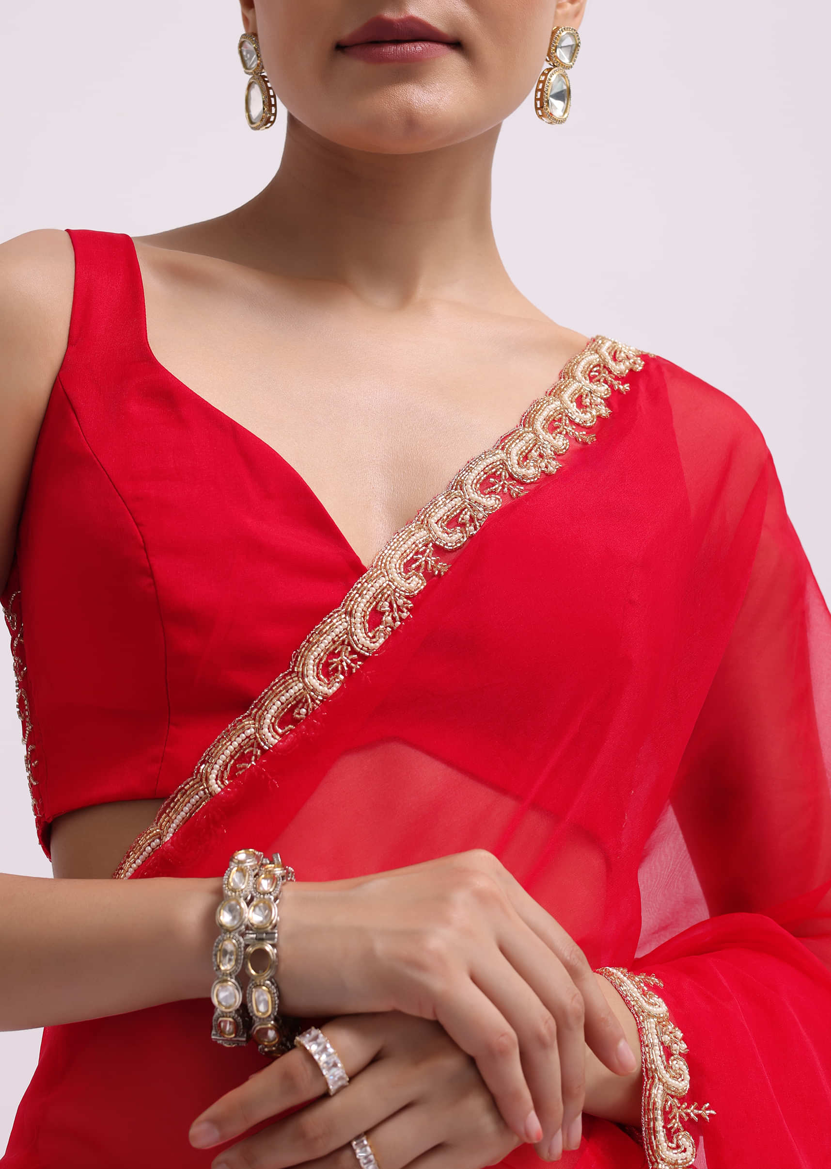 Red Cut Work Organza Saree With Unstitched Blouse - Image 3