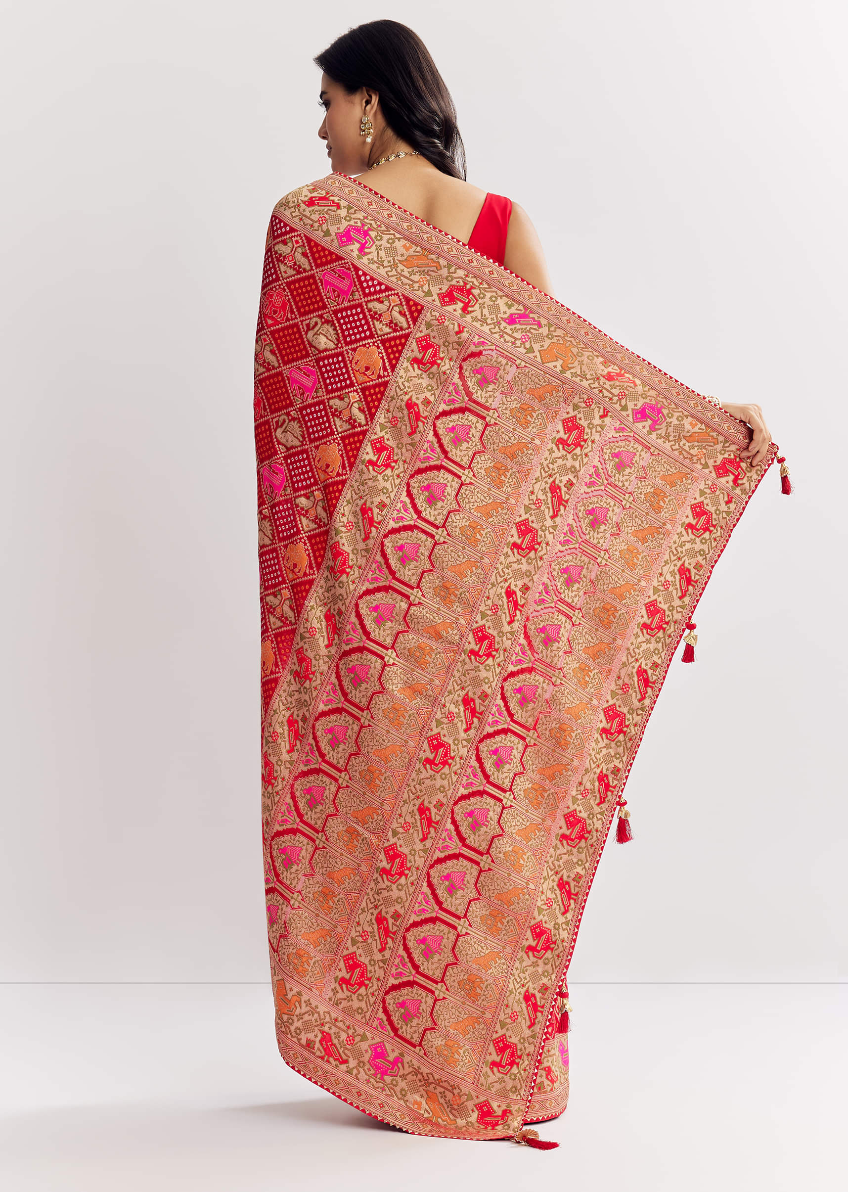 Red Dola Silk Bandhani Saree With Multicolor Animal Motifs And Gota Border - Image 6