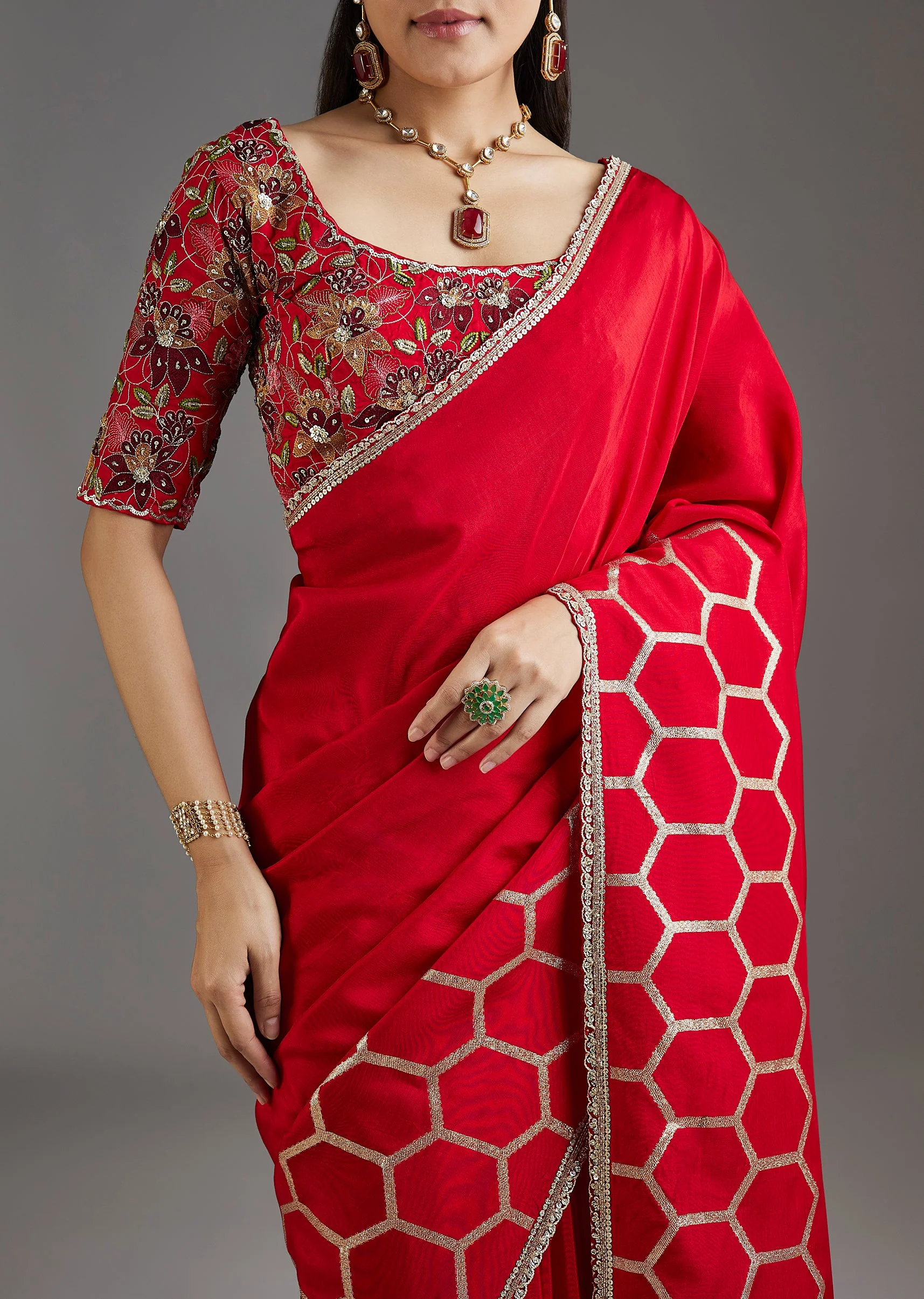 Red Dola Silk Saree With Ready Stitched Blouse - Image 2