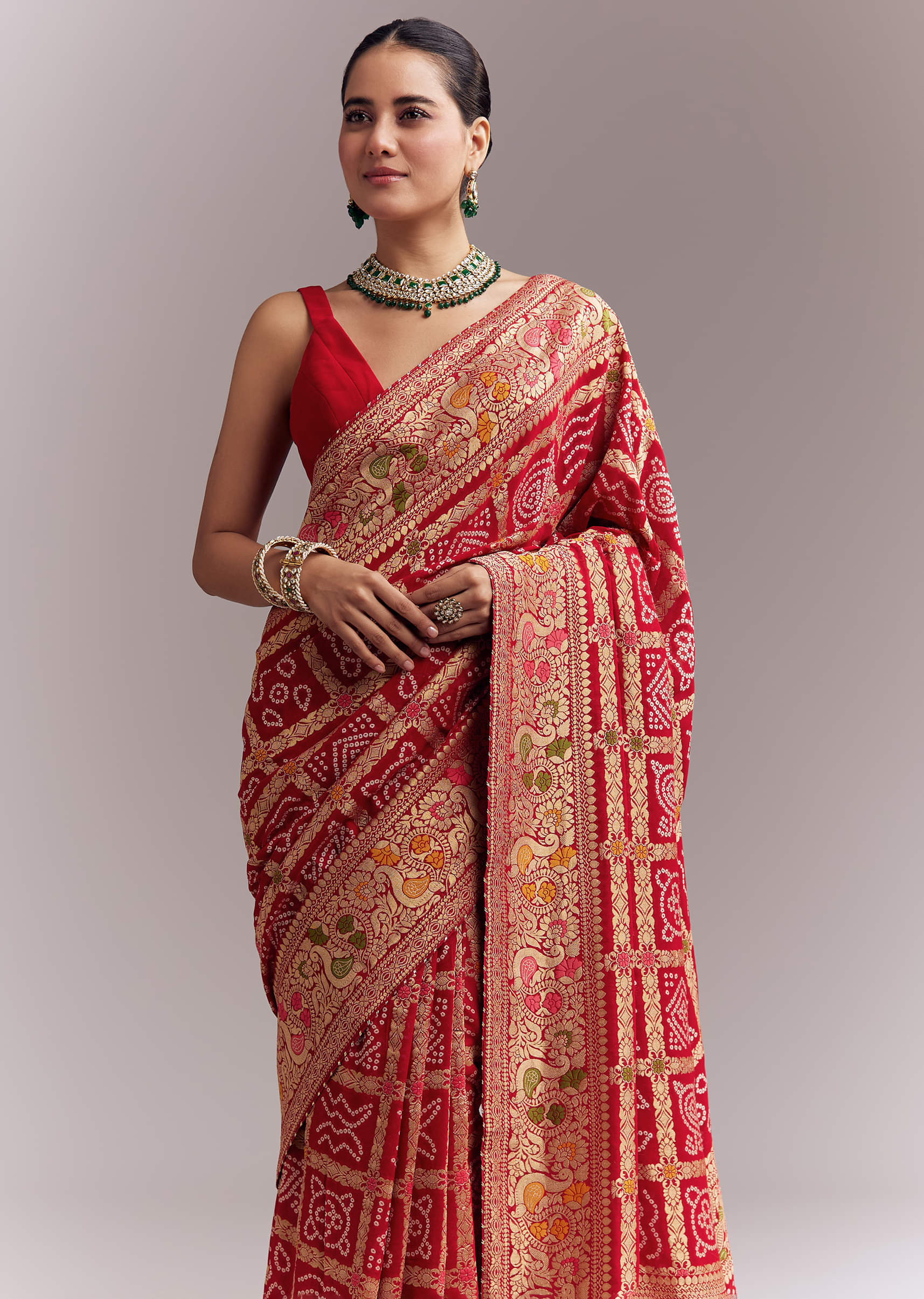 Red Dola Silk Woven Saree With Bandhani And Floral Work - Image 5