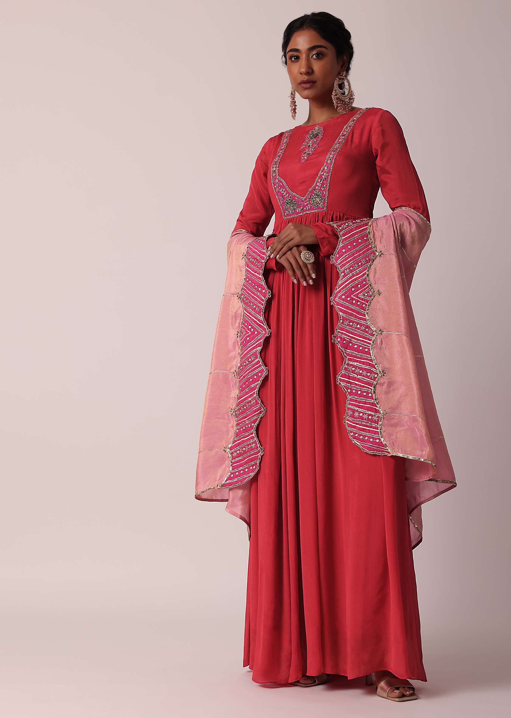 Red Embroidered Anarkali With Tissue Dupatta - Image 3