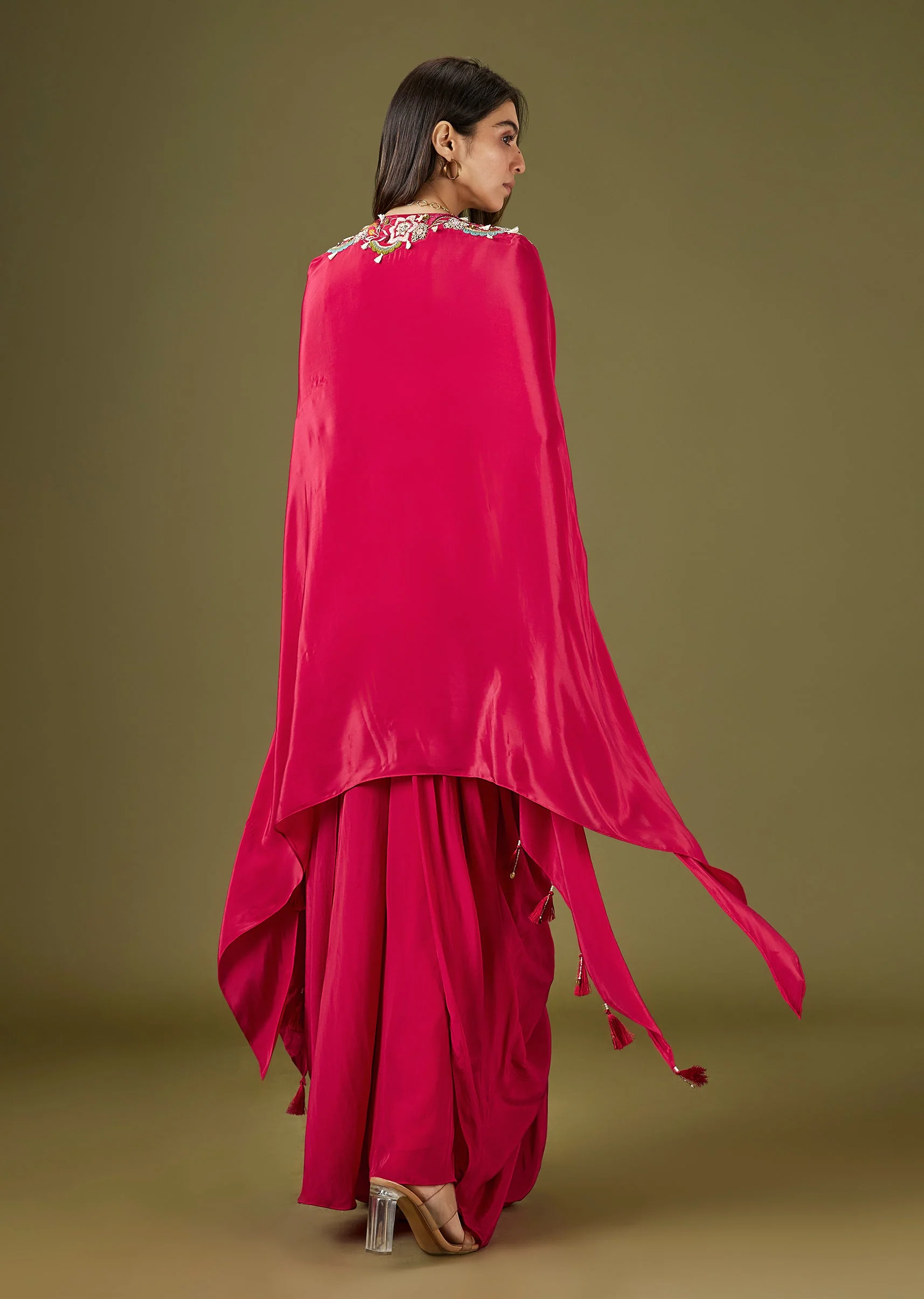 Red Embroidered Cape Skirt Set - Image 5