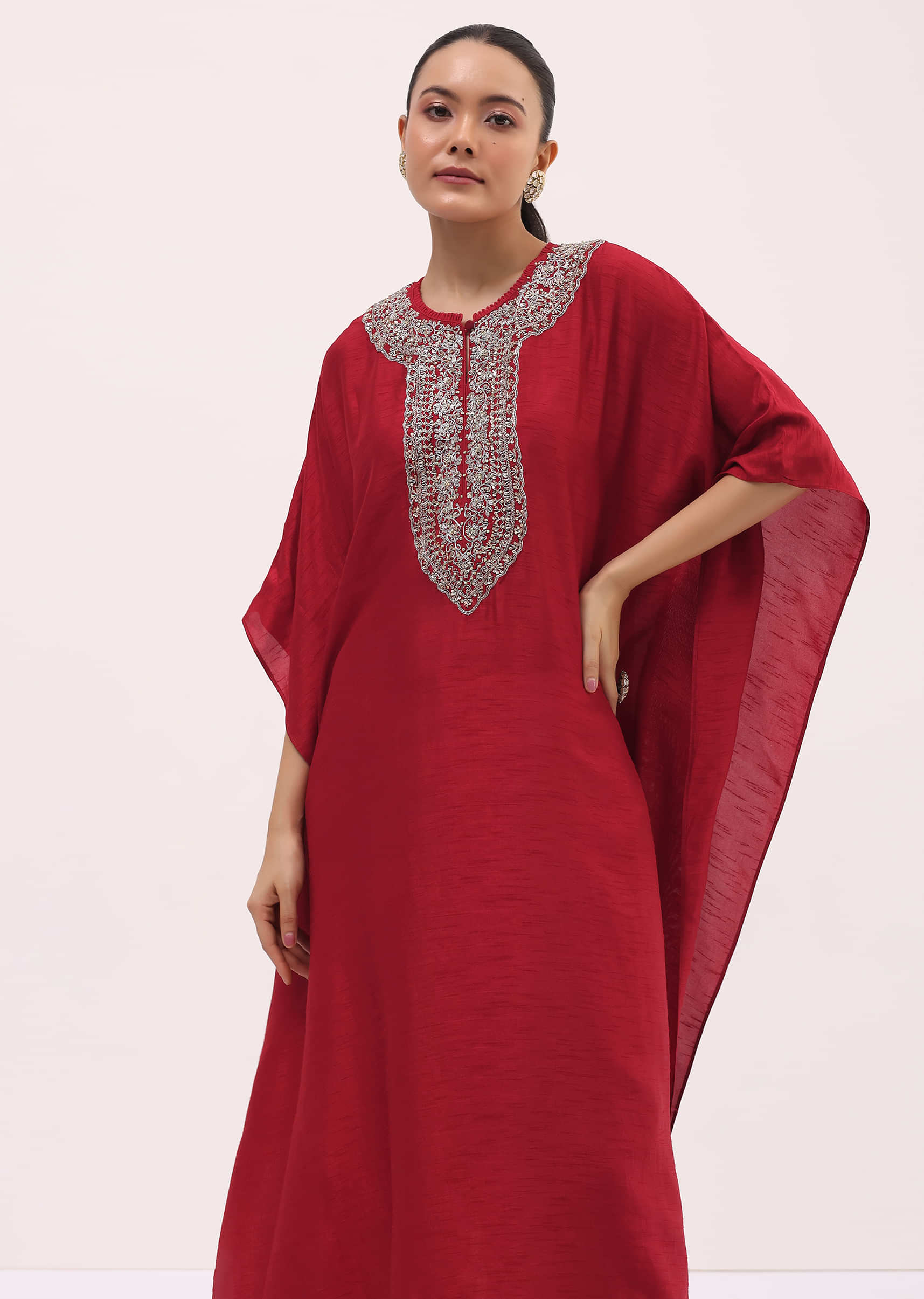 Red Embroidered Kaftaan Kurta Pant Set - Image 2