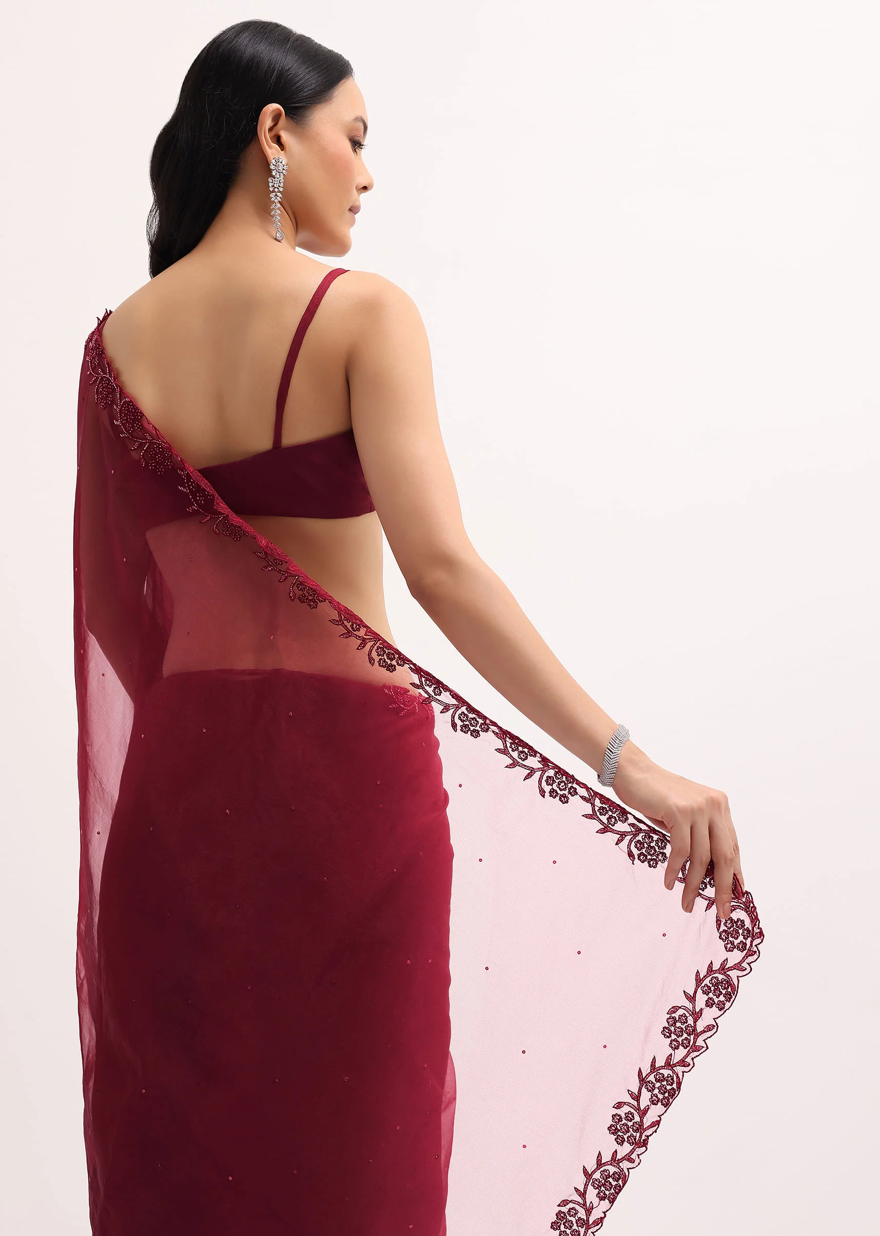 Red Embroidered Organza Saree With Unstitched Blouse - Image 6