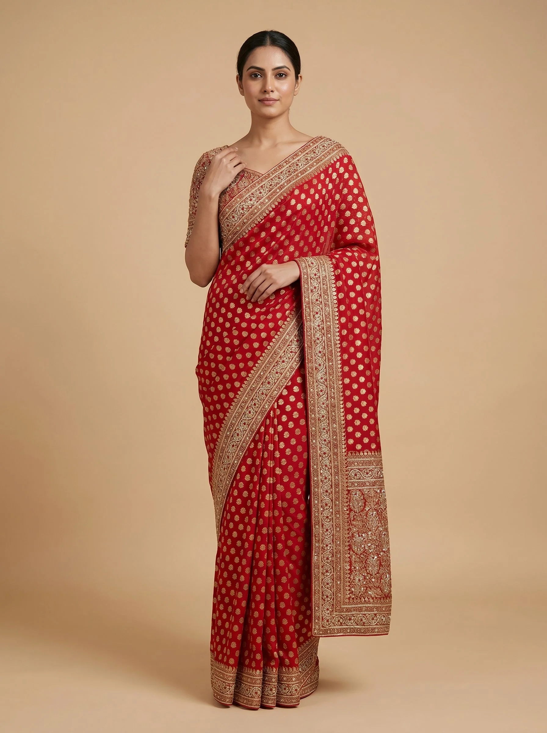Red embroidered saree with intricate design