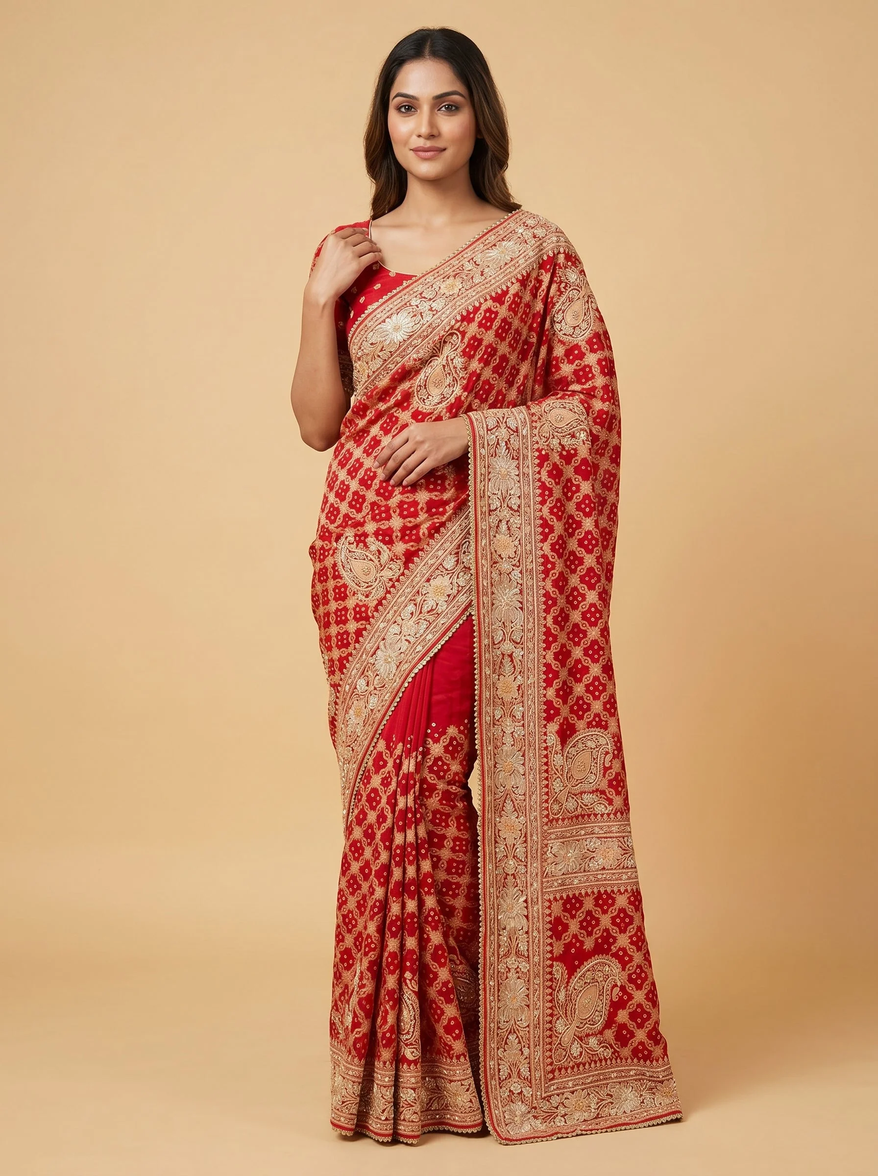 Red Embroidered Saree with Signature Craft