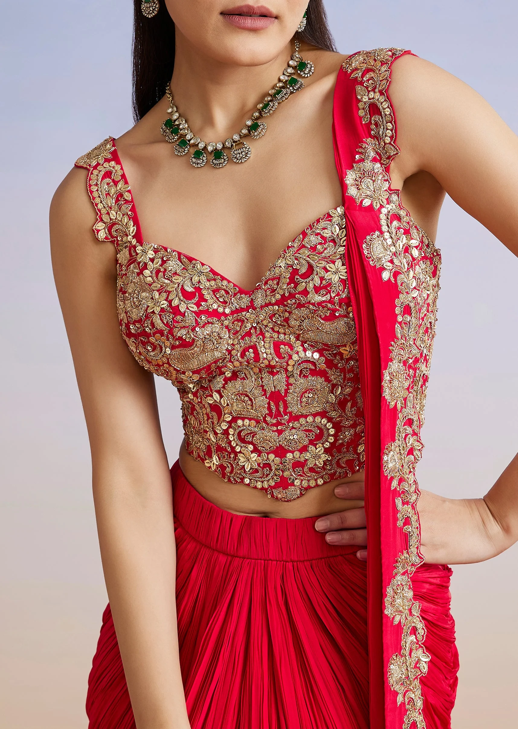 Red Embroidered Silk Blend Drape Skirt Set - Image 2