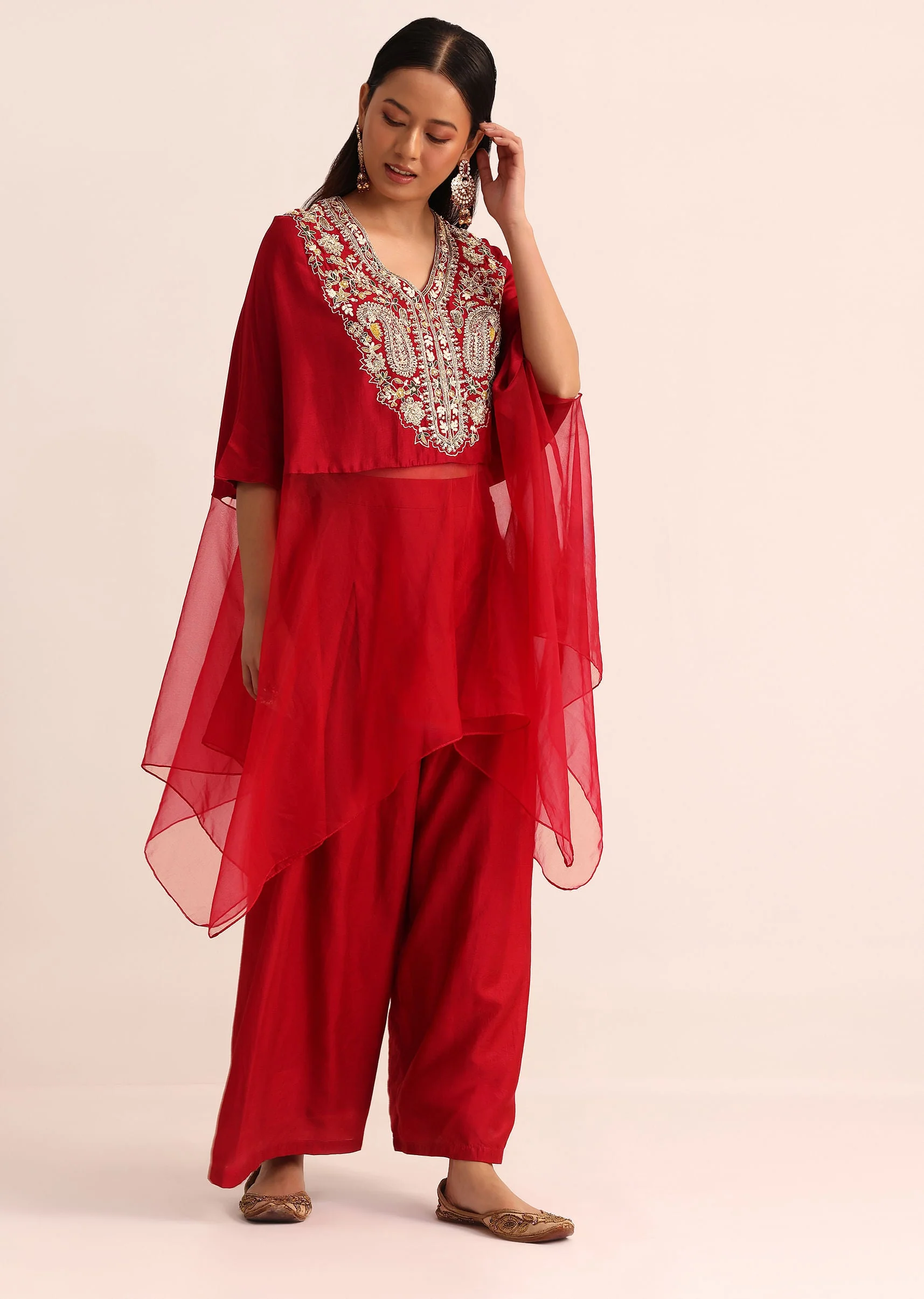 Red Embroidered Silk Crop Top Palazzo And Cape - Image 3